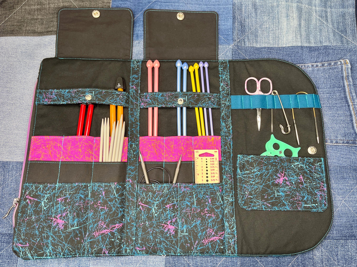 Blue Teal Teddy Bear Knitting Needle Case & Zip Pouch - Uphouse Crafts