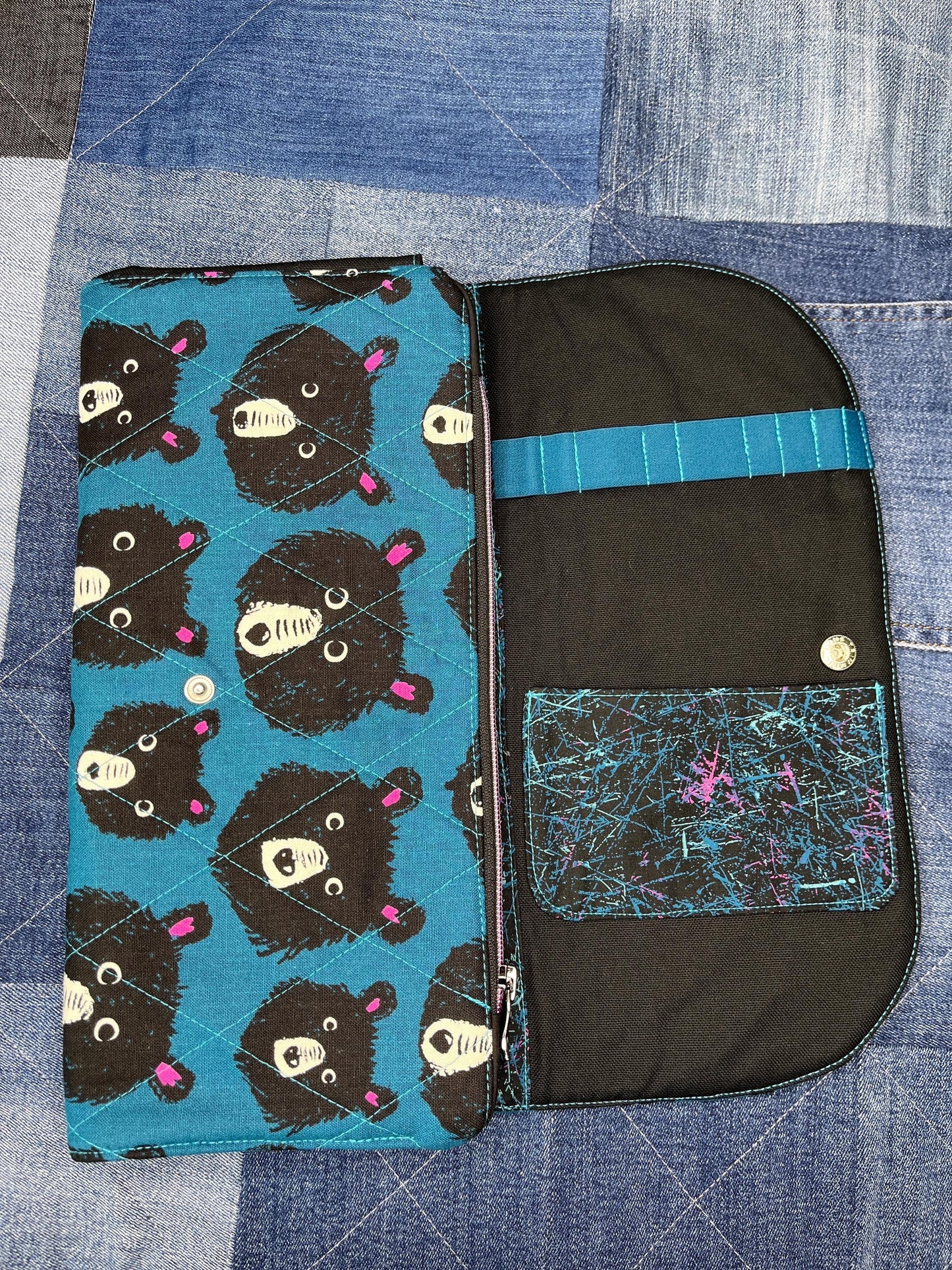 Blue Teal Teddy Bear Knitting Needle Case & Zip Pouch - Uphouse Crafts