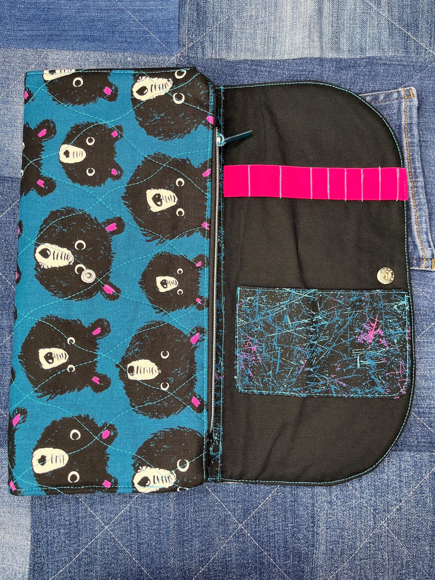 Blue Teal Teddy Bear Knitting Needle Case & Zip Pouch - Uphouse Crafts