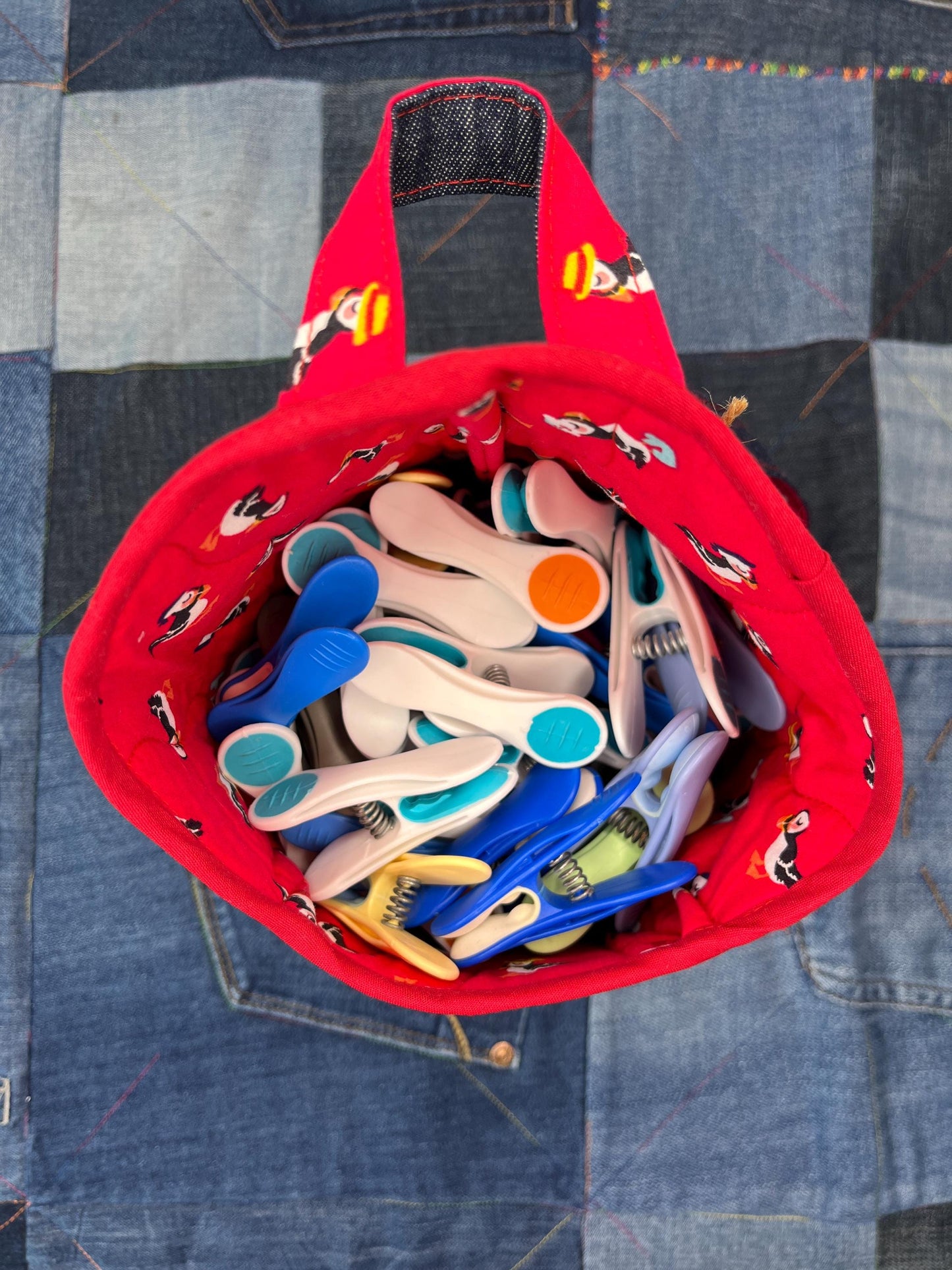 Puffin Denim Clothes Peg Bag, Wearable Peg Bag