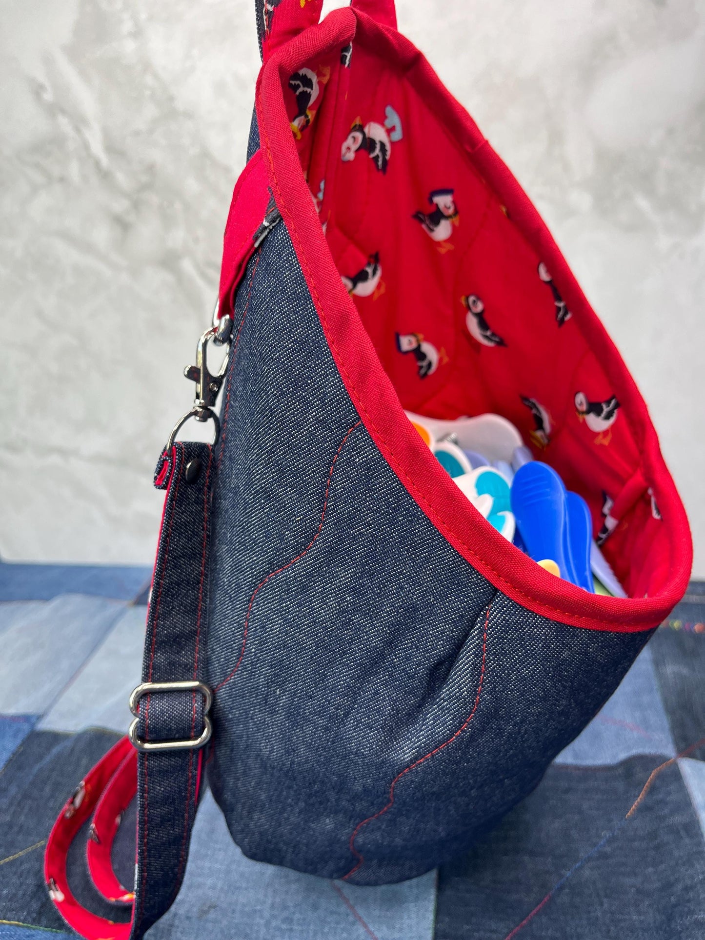 Puffin Denim Clothes Peg Bag, Wearable Peg Bag