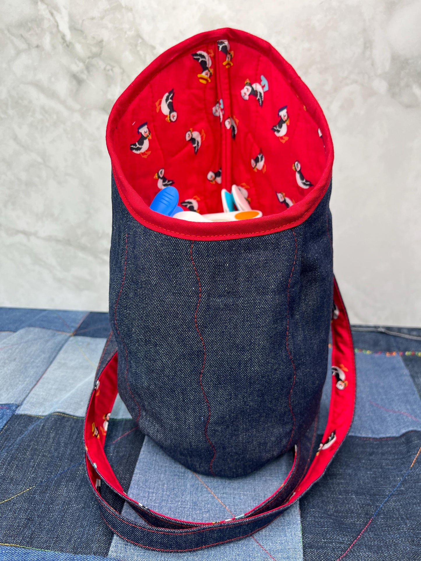 Puffin Denim Clothes Peg Bag, Wearable Peg Bag