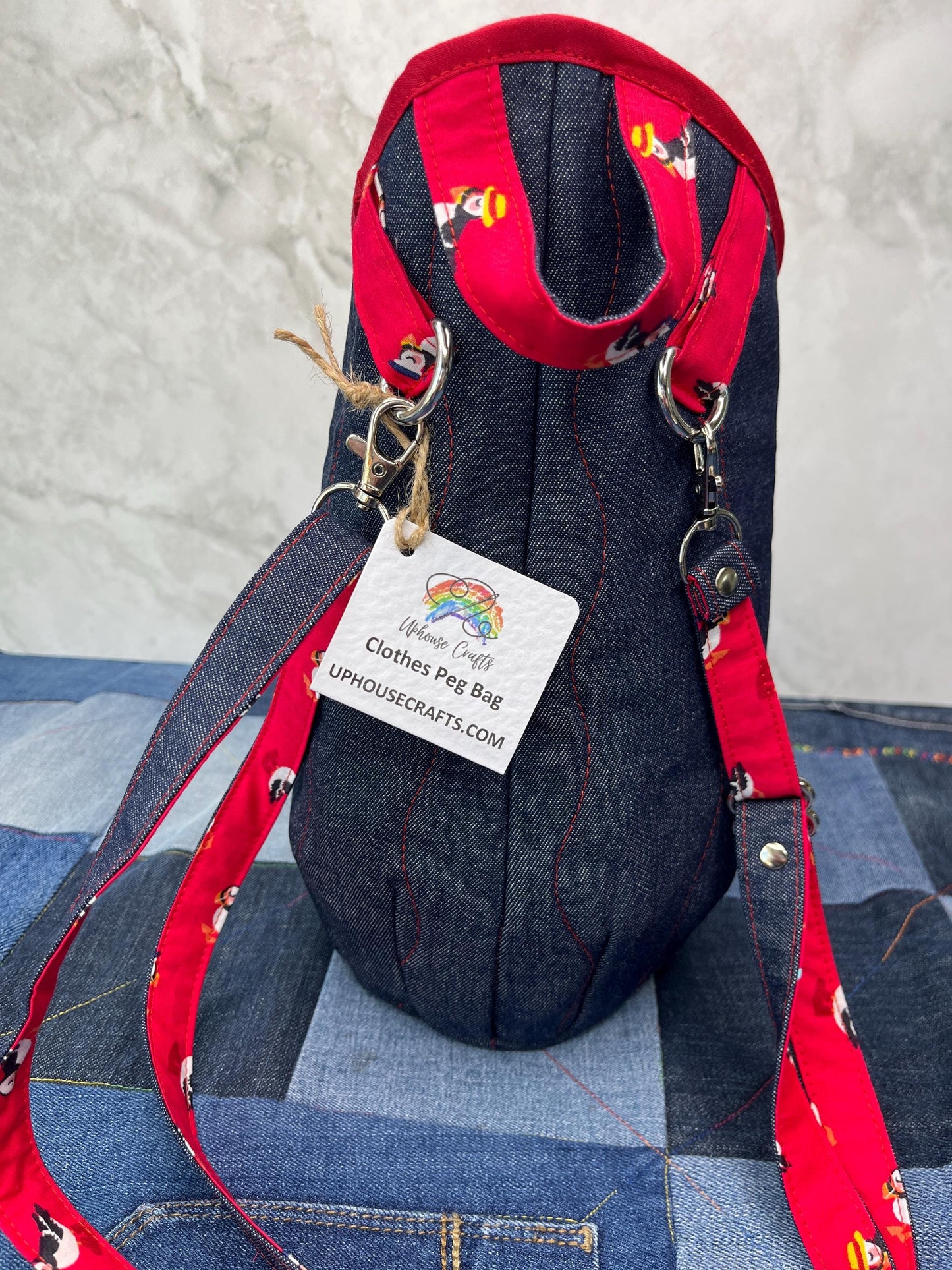 Puffin Denim Clothes Peg Bag, Wearable Peg Bag