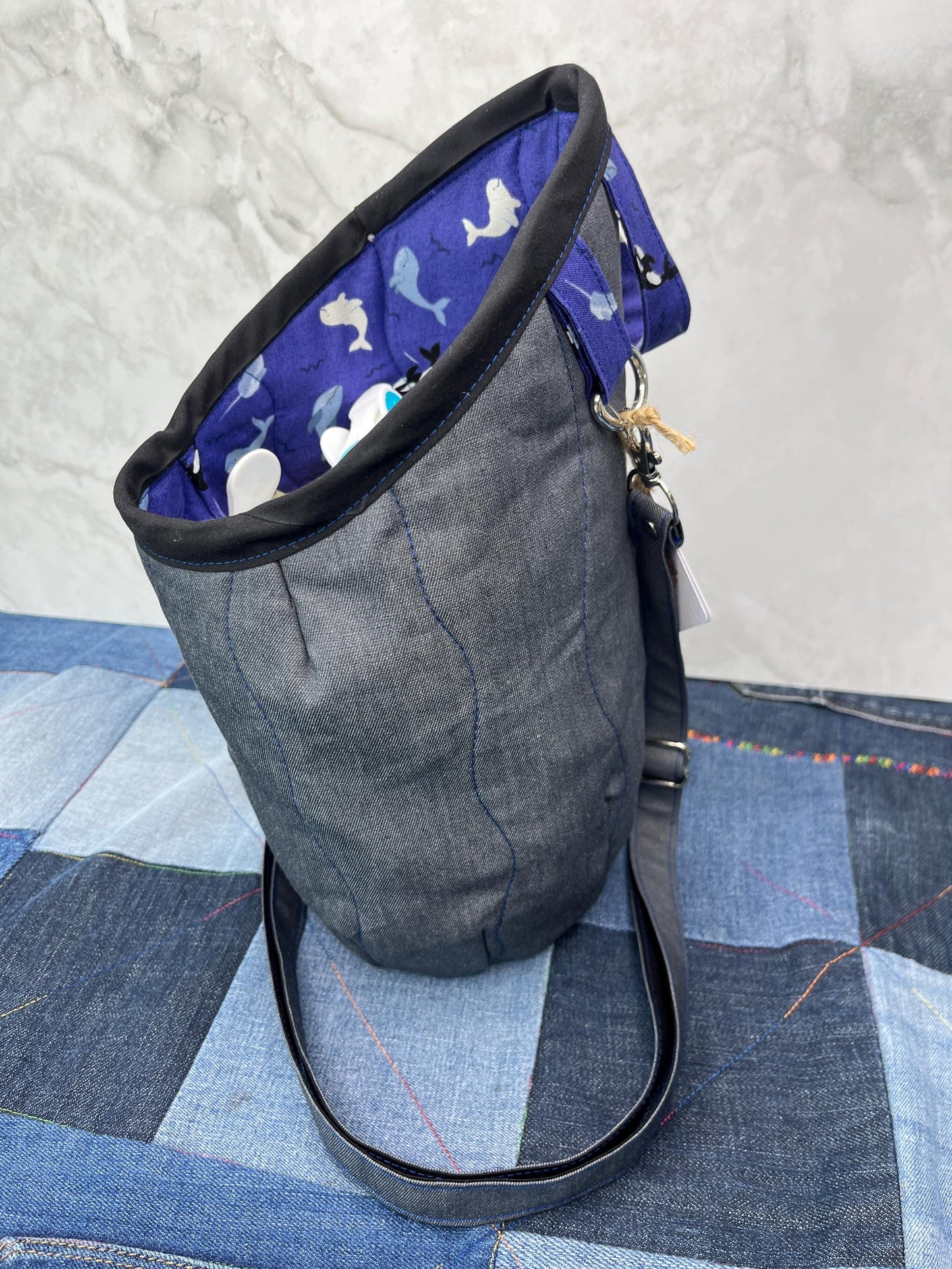 Purple Blue Orca Cotton Denim Clothes Peg Bag, Wearable Peg Bag