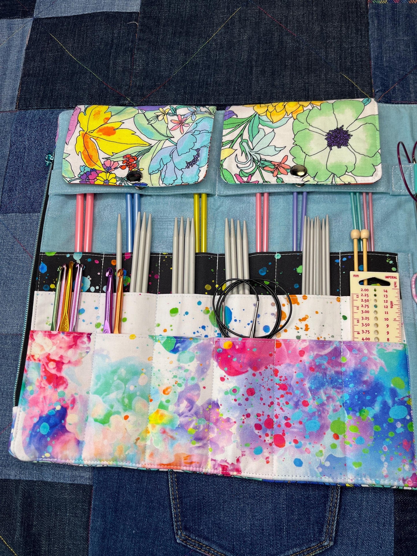 Rainbow Floral Knitting Needle Case & Zip Pouch - Uphouse Crafts