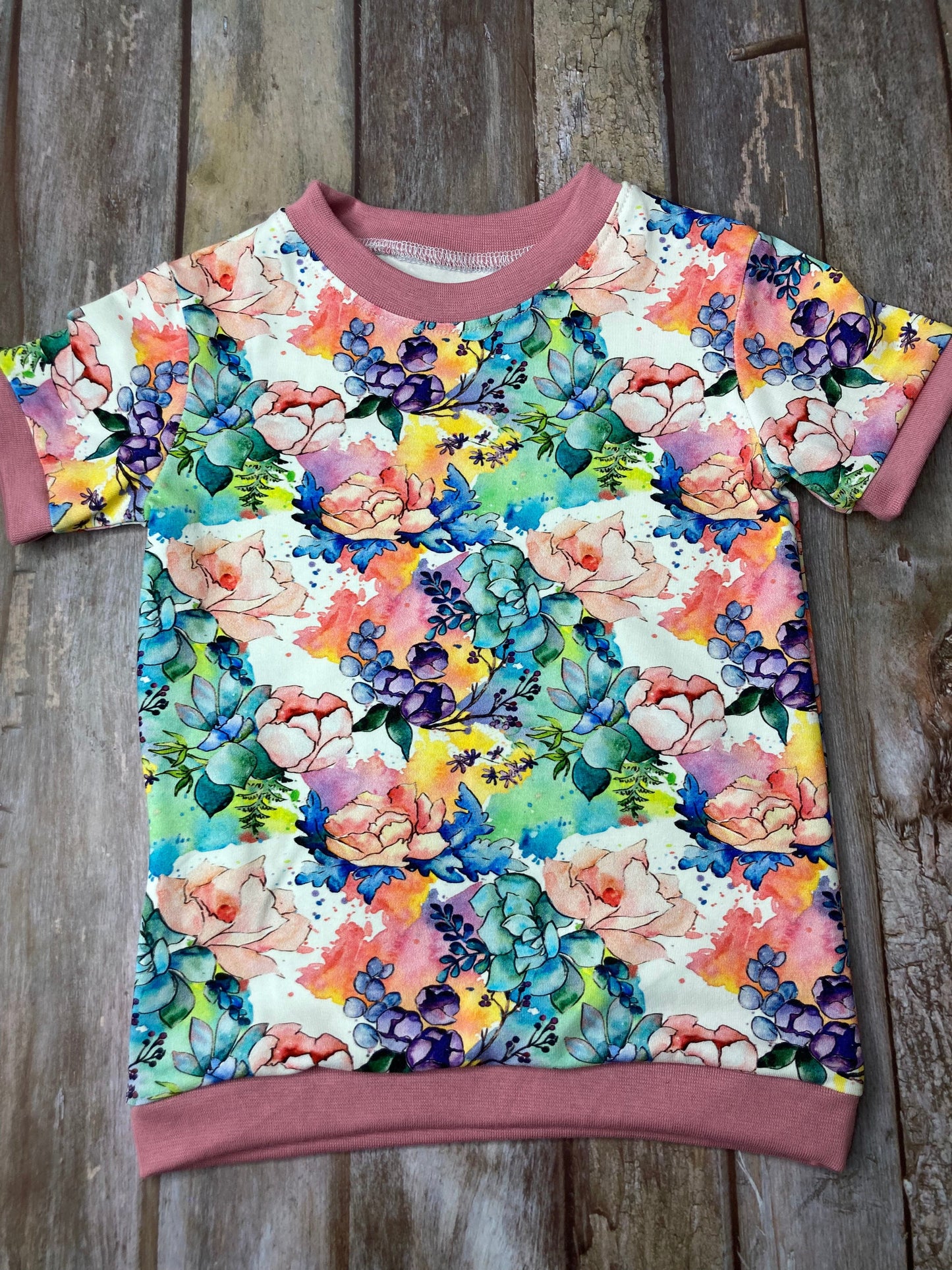 Kids Cuffed T-shirt | Floral pink white green