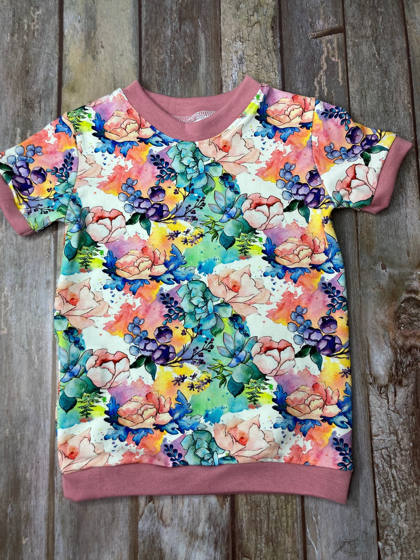 Kids Cuffed T-shirt | Floral pink white green