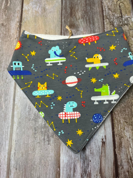 Baby Dribble Bandana Bib 0 - 12 months - Grey Animals in Space - Uphouse Crafts