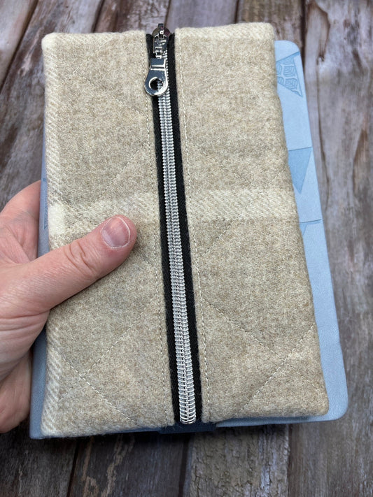 Beige Cream Check Tweed Notebook Pencil Case, A5 Journal Zip Case, Bookmark - Uphouse Crafts