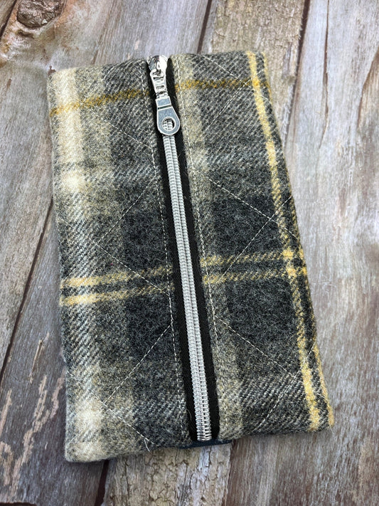 Beige Grey Mustard Check Tweed Notebook Pencil Case, A5 Journal Zip Case, Bookmark - Uphouse Crafts