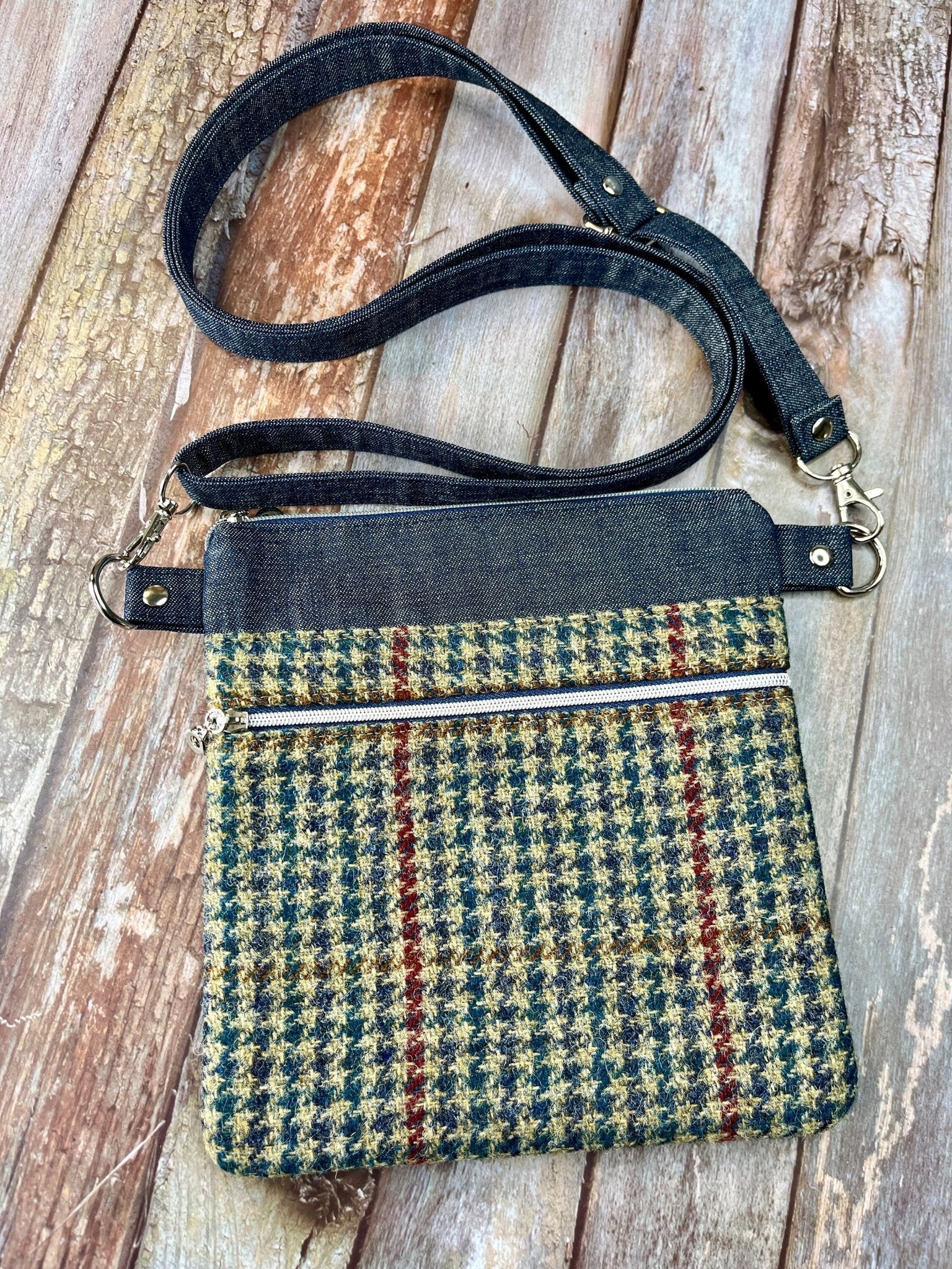 Beige Navy Red Wool Tweed Crossbody Bag - Uphouse Crafts