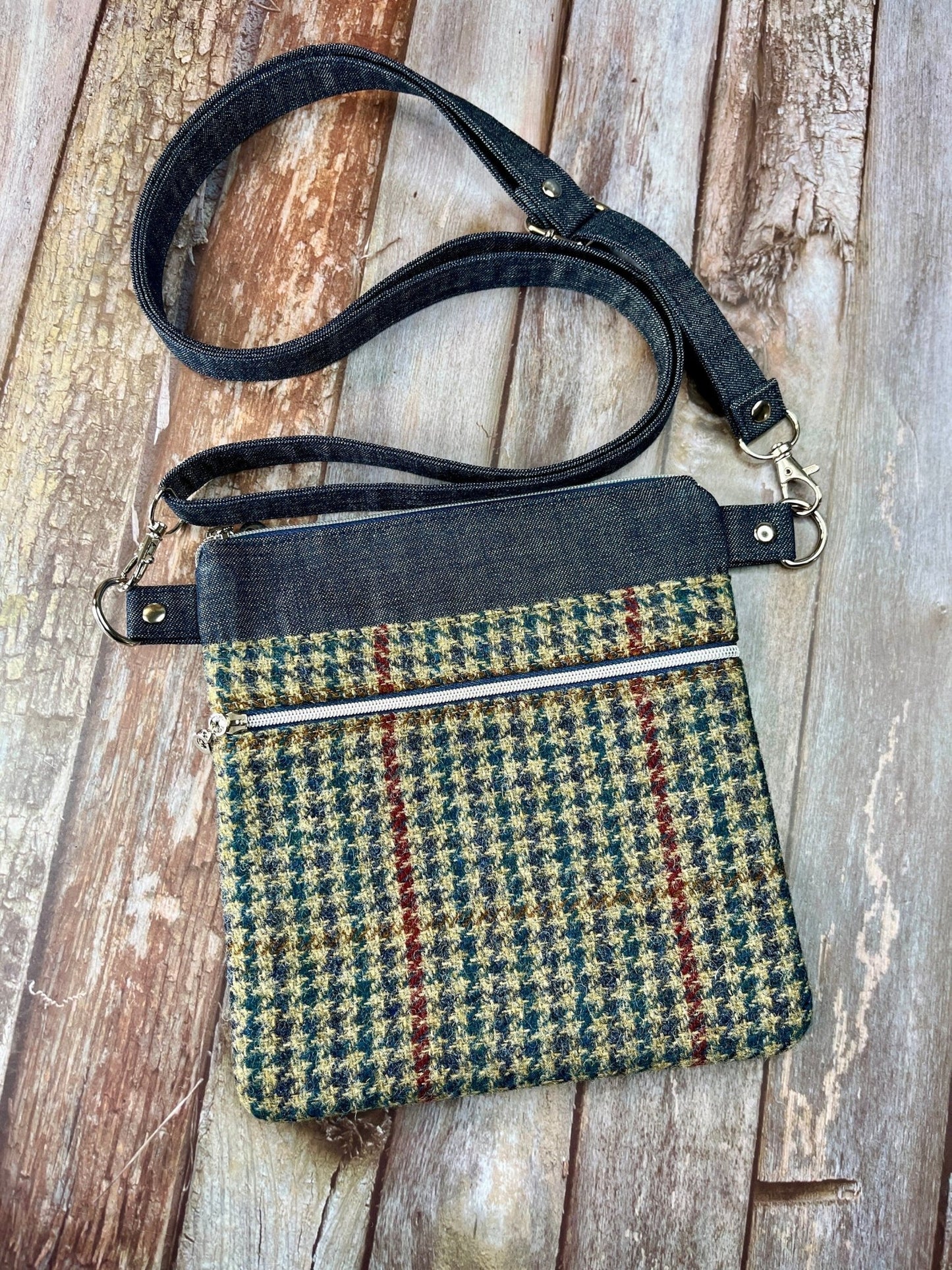 Beige Navy Red Wool Tweed Crossbody Bag - Uphouse Crafts