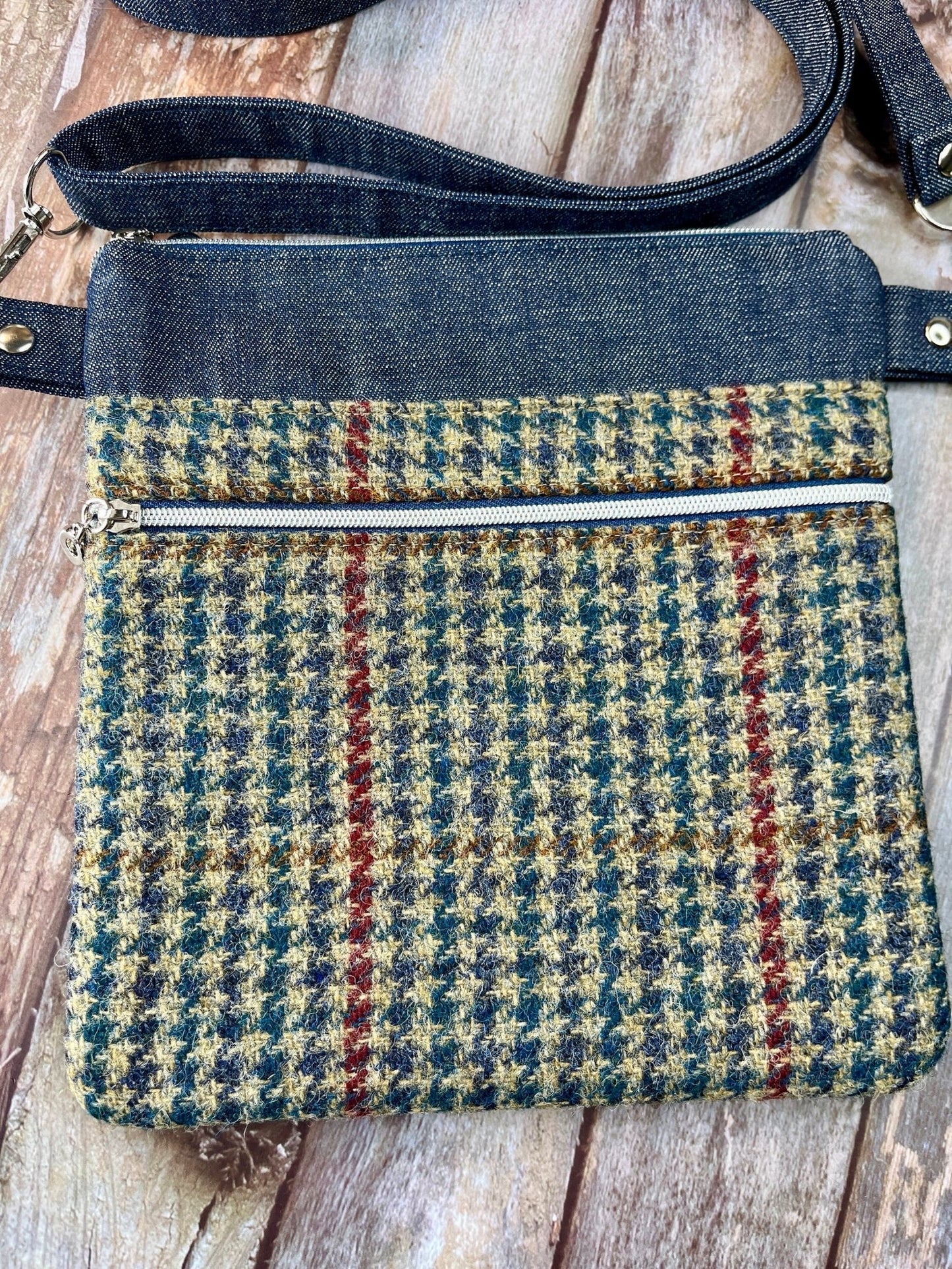 Beige Navy Red Wool Tweed Crossbody Bag - Uphouse Crafts