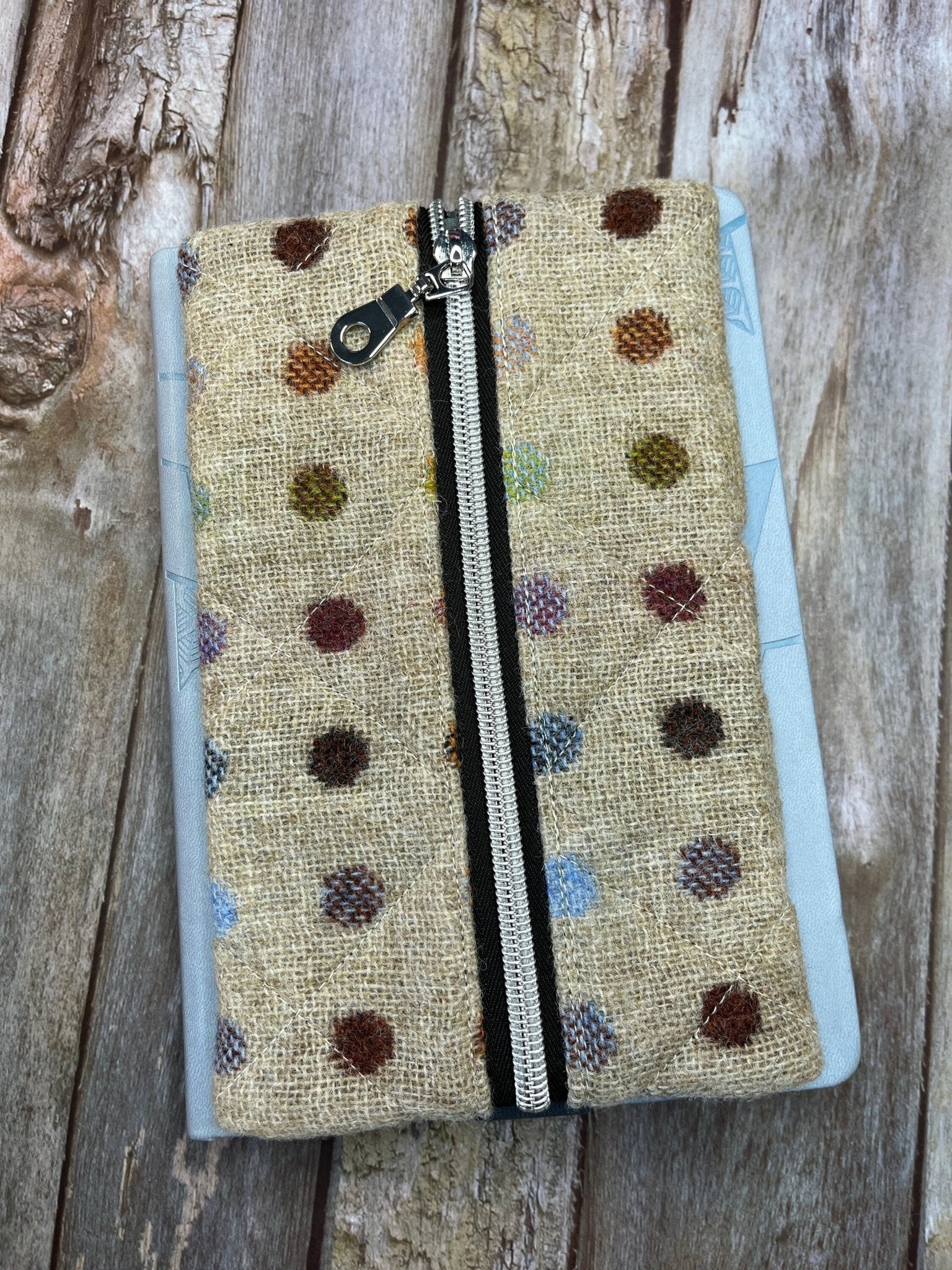 Beige Rainbow Dot Tweed Notebook Pencil Case, A5 Journal Zip Case, Bookmark - Uphouse Crafts