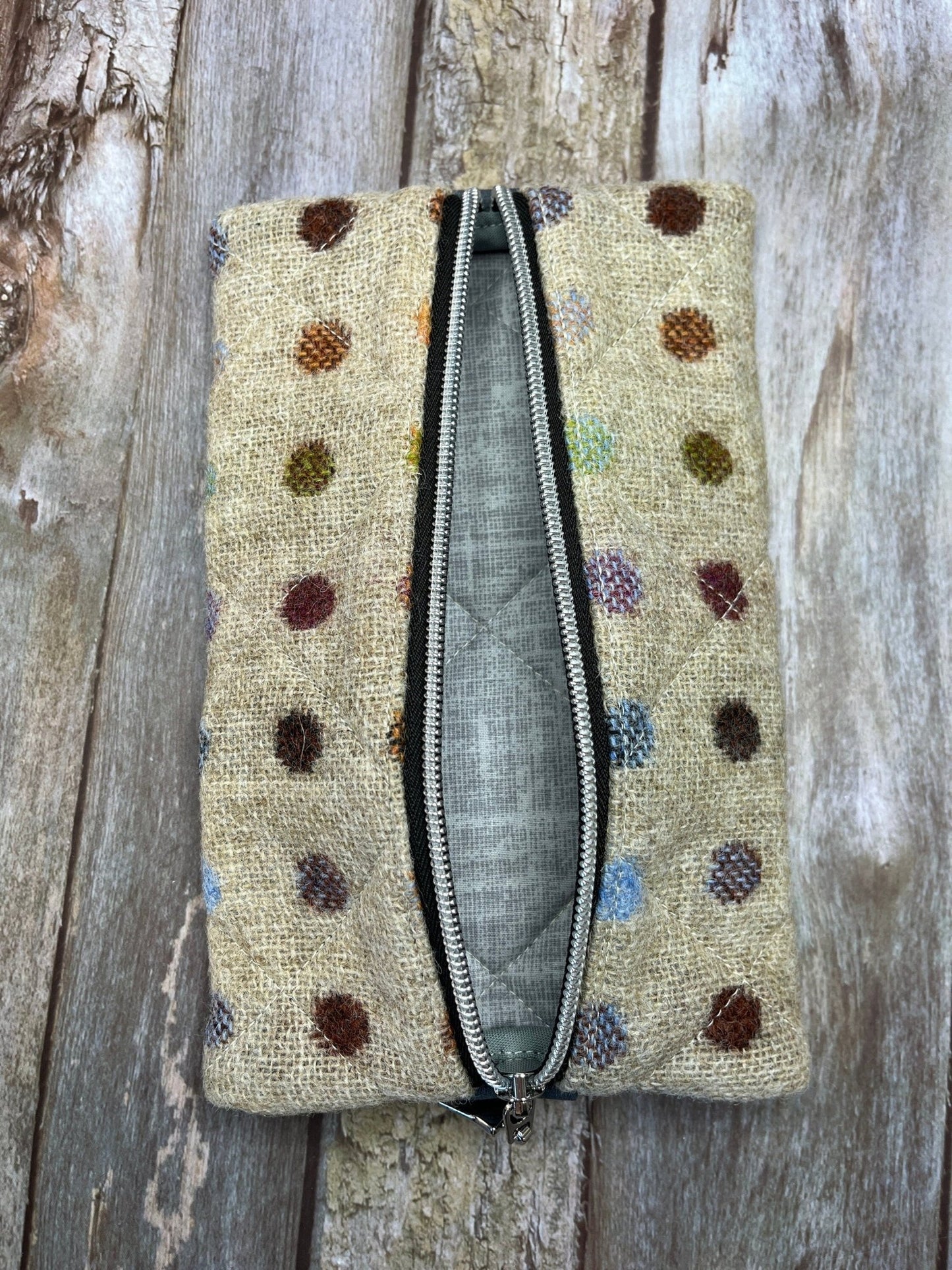 Beige Rainbow Dot Tweed Notebook Pencil Case, A5 Journal Zip Case, Bookmark - Uphouse Crafts