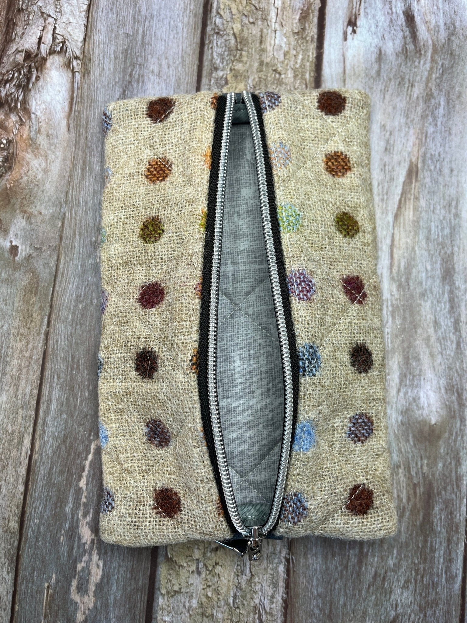 Beige Rainbow Dot Tweed Notebook Pencil Case, A5 Journal Zip Case, Bookmark - Uphouse Crafts