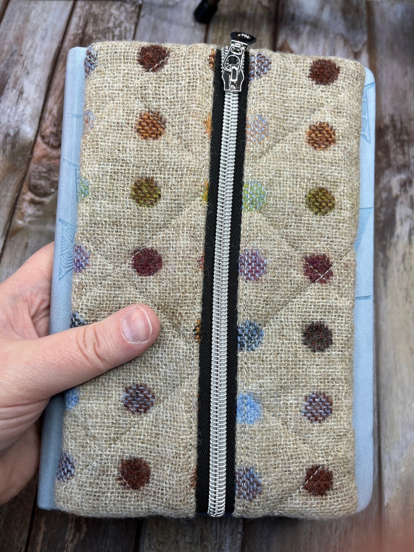 Beige Rainbow Dot Tweed Notebook Pencil Case, A5 Journal Zip Case, Bookmark - Uphouse Crafts