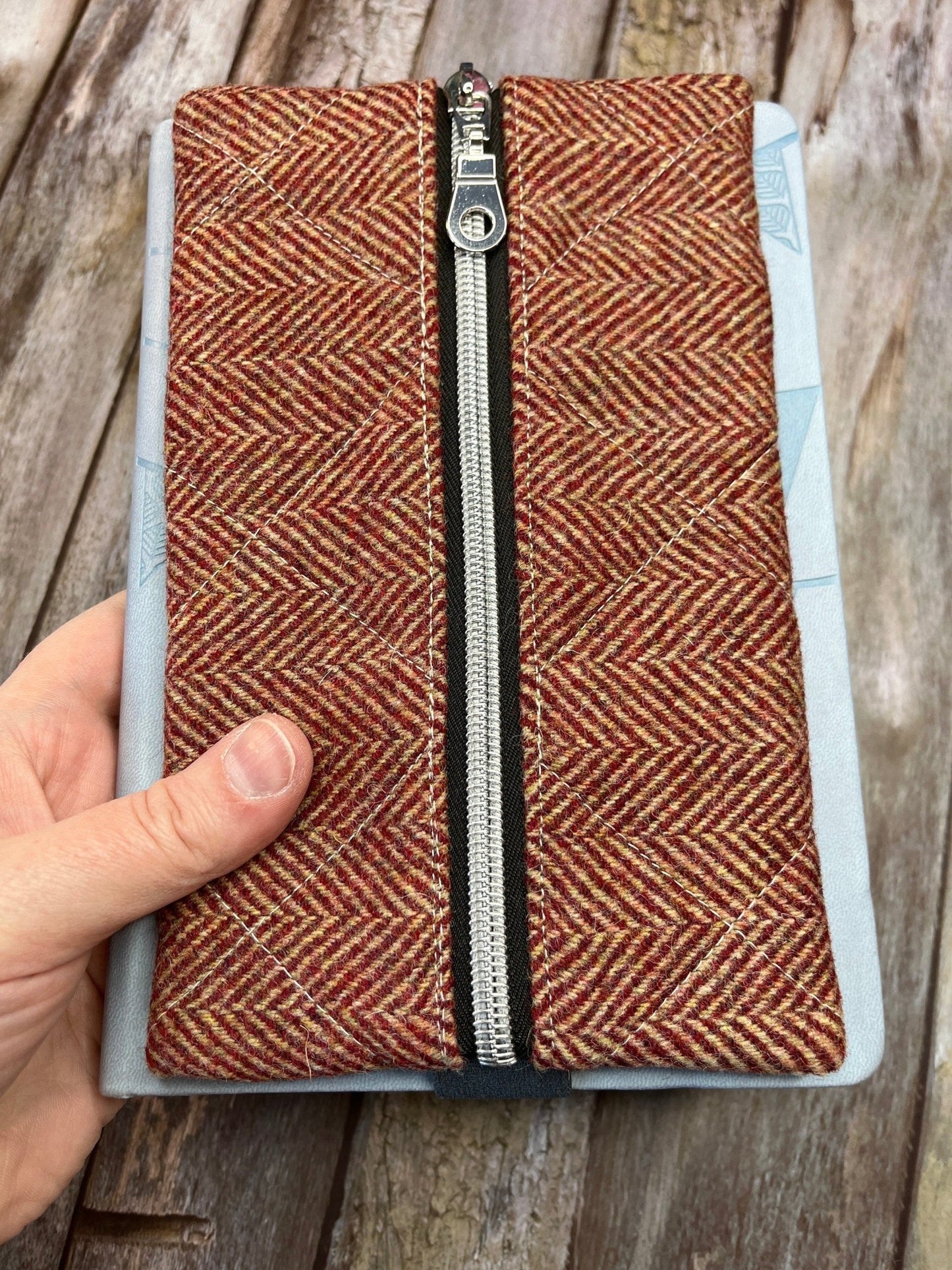 Beige Red Herringbone Tweed Notebook Pencil Case, A5 Journal Zip Case, Bookmark - Uphouse Crafts