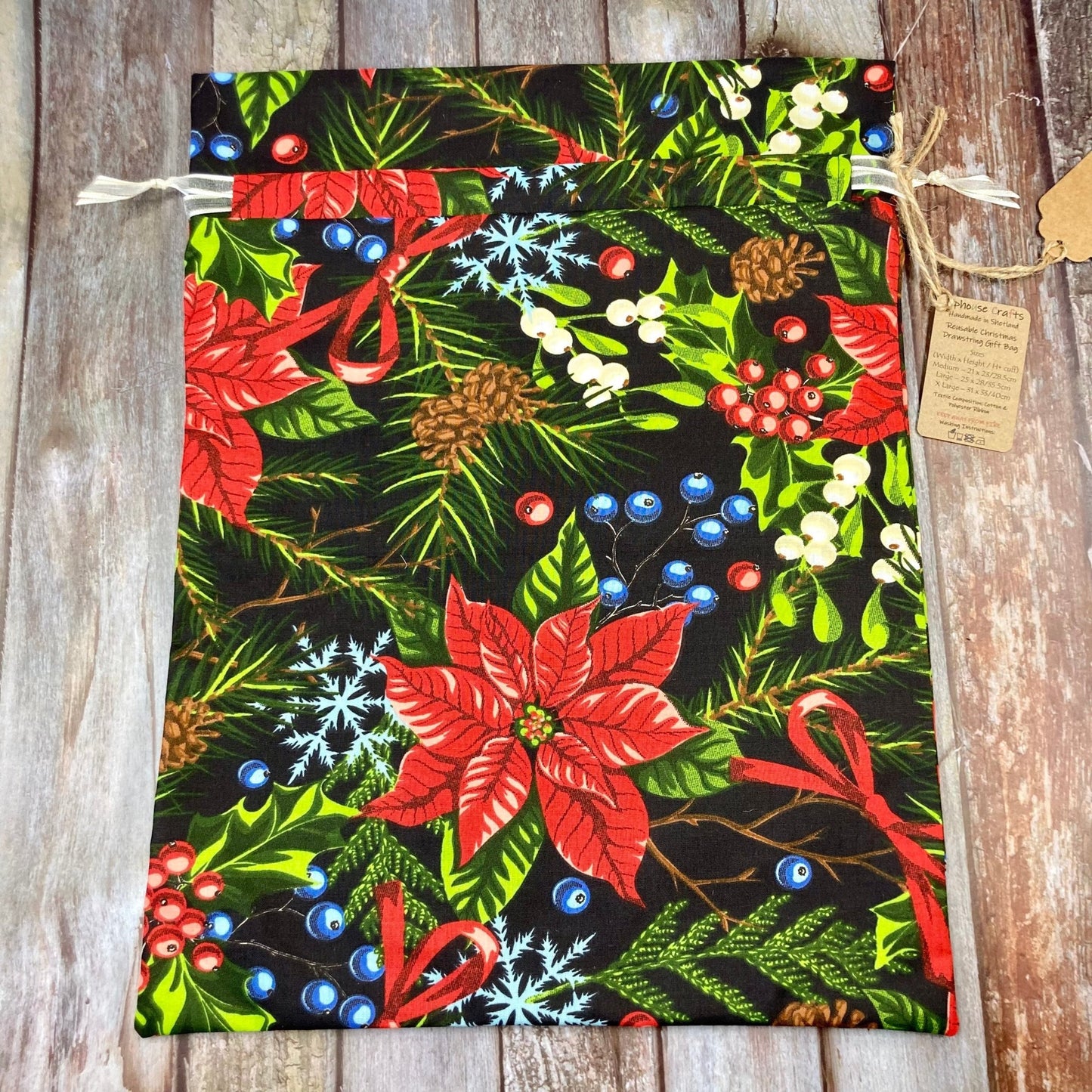 Black Green Red Poinsettia Christmas Reusable Drawstring Gift Bag - Uphouse Crafts