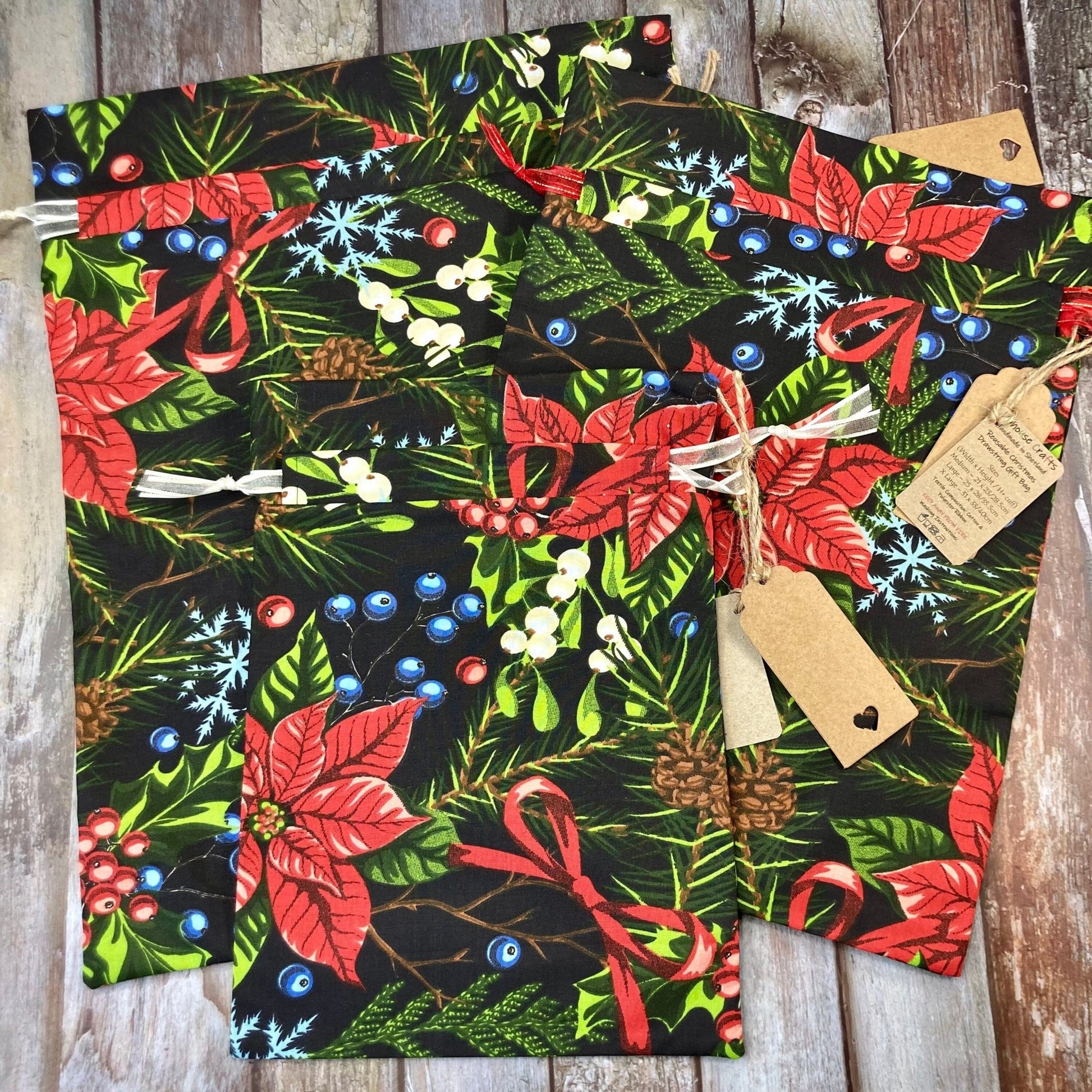 Black Green Red Poinsettia Christmas Reusable Drawstring Gift Bag - Uphouse Crafts