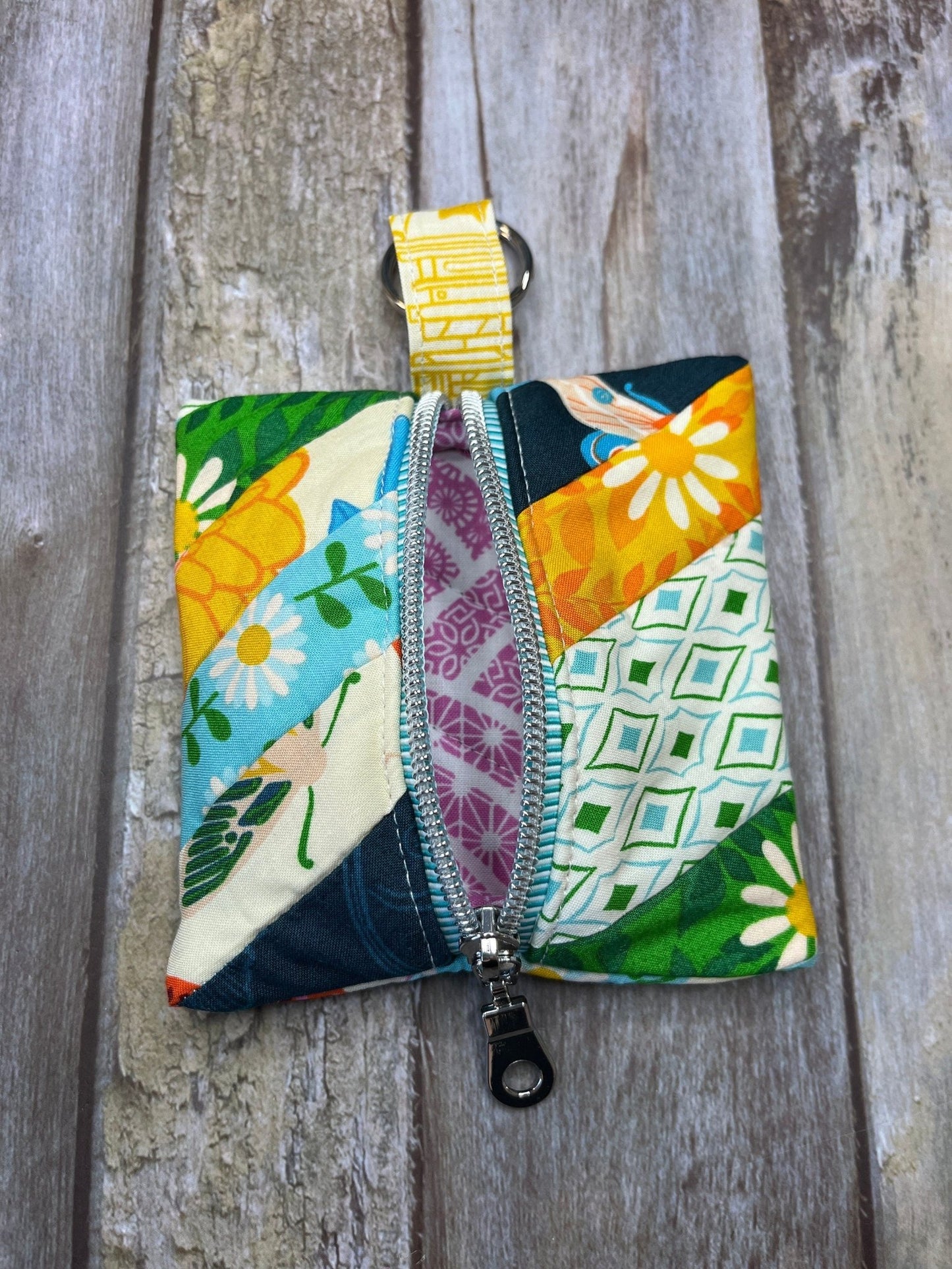 Blue Green Yellow Patchwork Quilted Mini Zip Pouch, Coin Purse, Keyring Purse, Selvedge Pouch - Uphouse Crafts