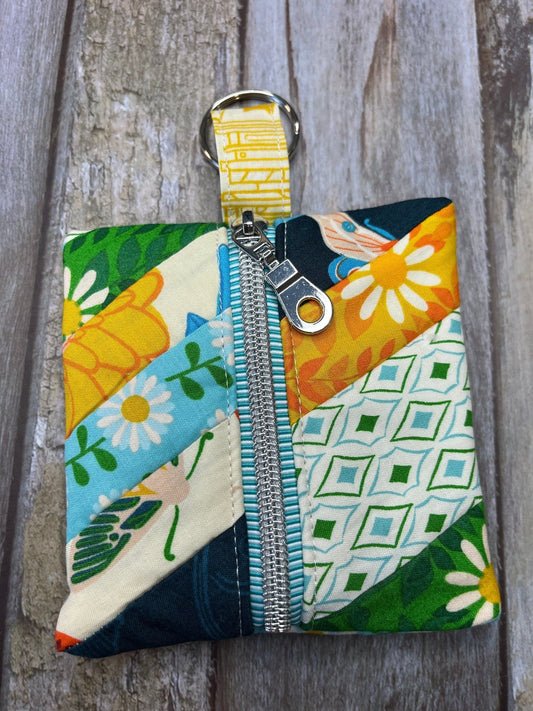 Blue Green Yellow Patchwork Quilted Mini Zip Pouch, Coin Purse, Keyring Purse, Selvedge Pouch - Uphouse Crafts
