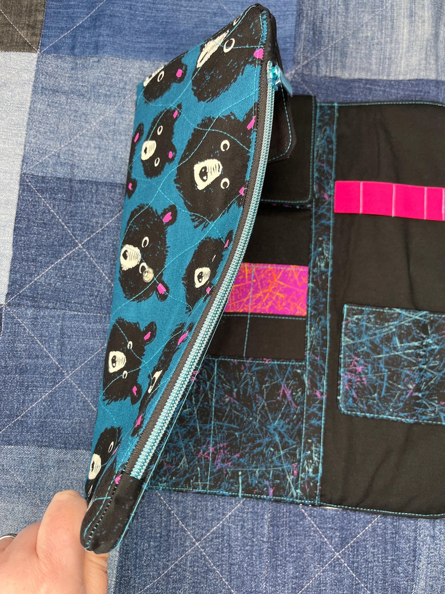 Blue Teal Teddy Bear Knitting Needle Case & Zip Pouch - Uphouse Crafts