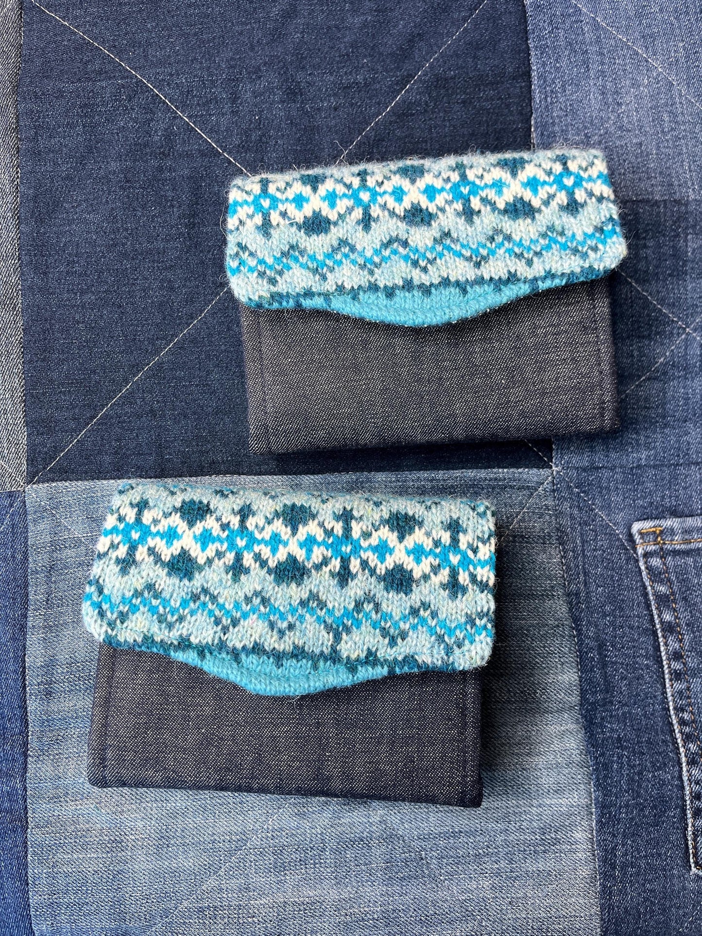 Blue Turquoise Shetland Wool and Denim Fair Isle Purse - Uphouse Crafts