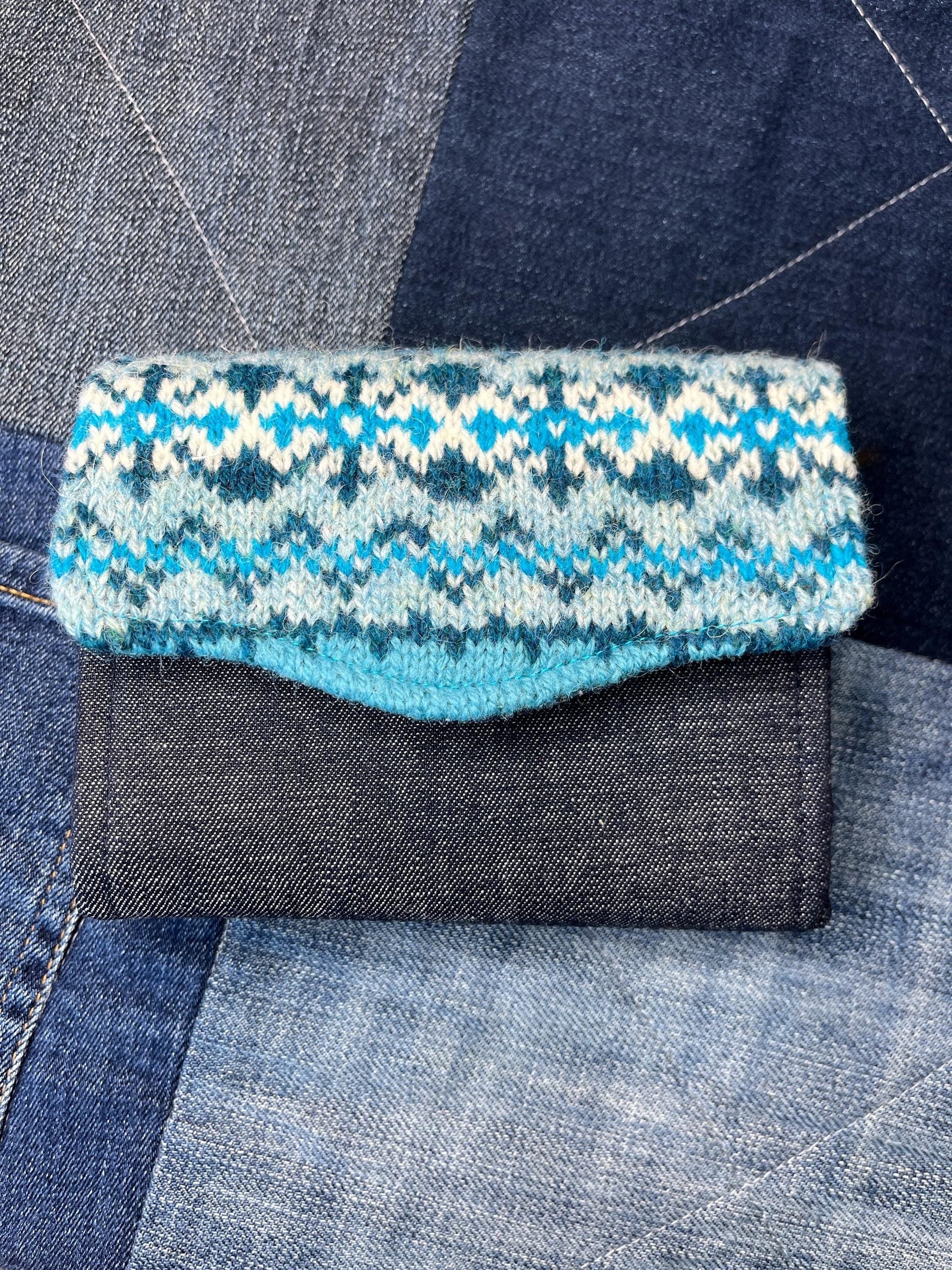 Blue Turquoise Shetland Wool and Denim Fair Isle Purse - Uphouse Crafts