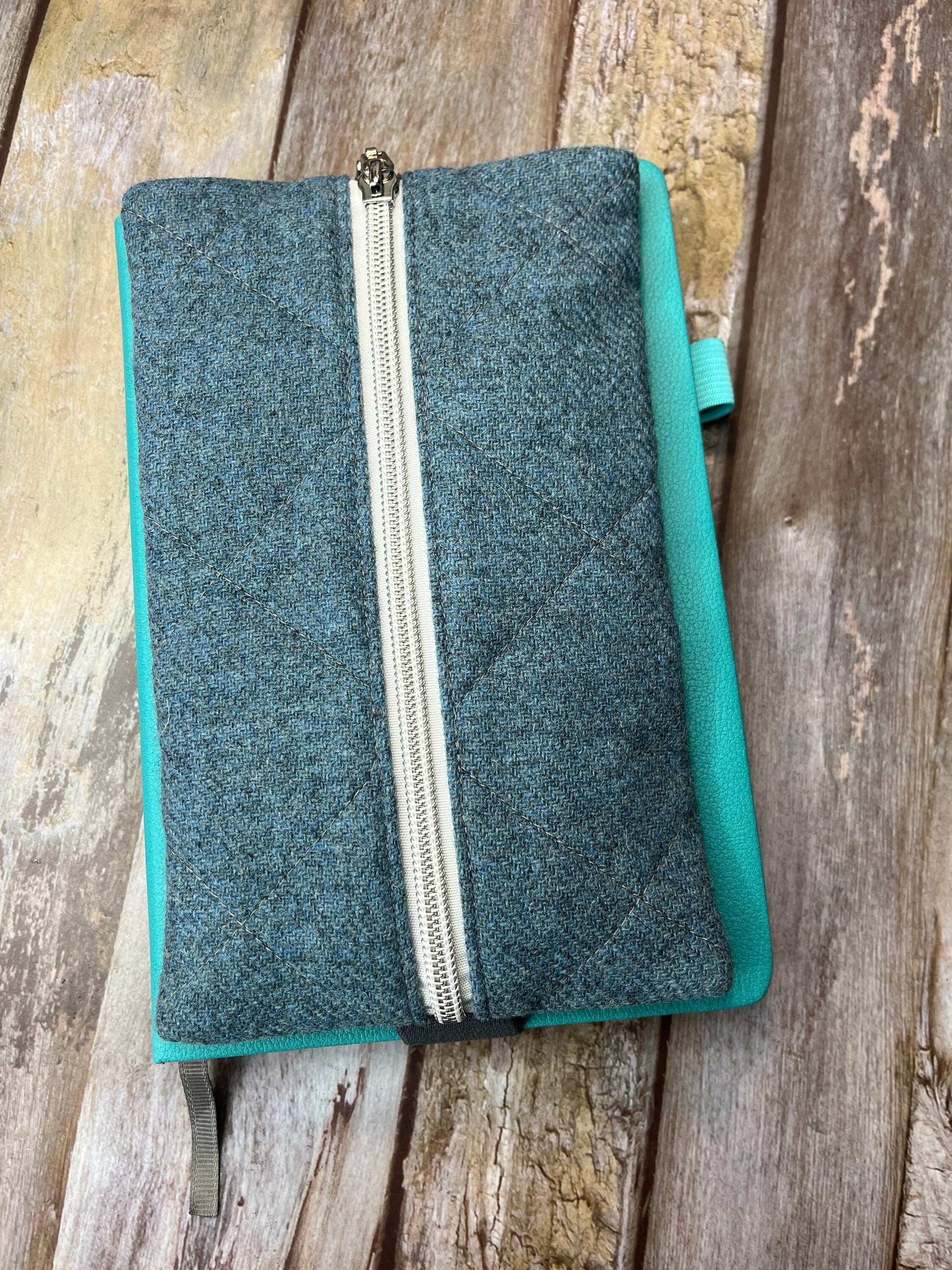 Blue Tweed Notebook Pencil Case, A5 Journal Zip Case, Bookmark - Uphouse Crafts