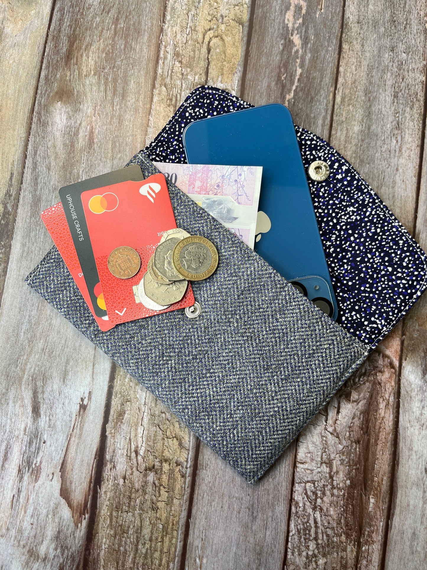 Blue Tweed Slim Purse | Patchwork Purse | Phone Clutch Wallet - Uphouse Crafts