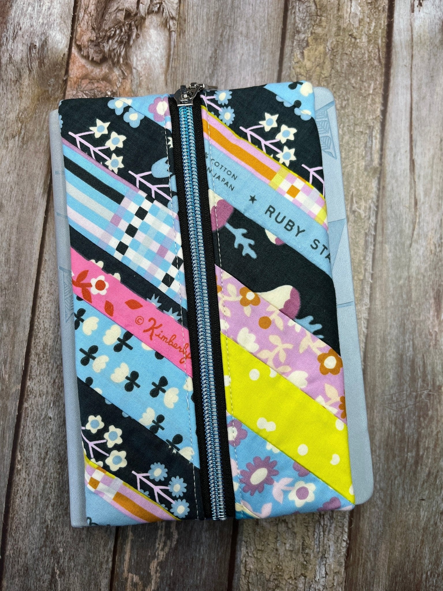 Blue Yellow Lilac Patchwork Notebook Pencil Case, A5 Journal Zip Case, Bookmark - Uphouse Crafts