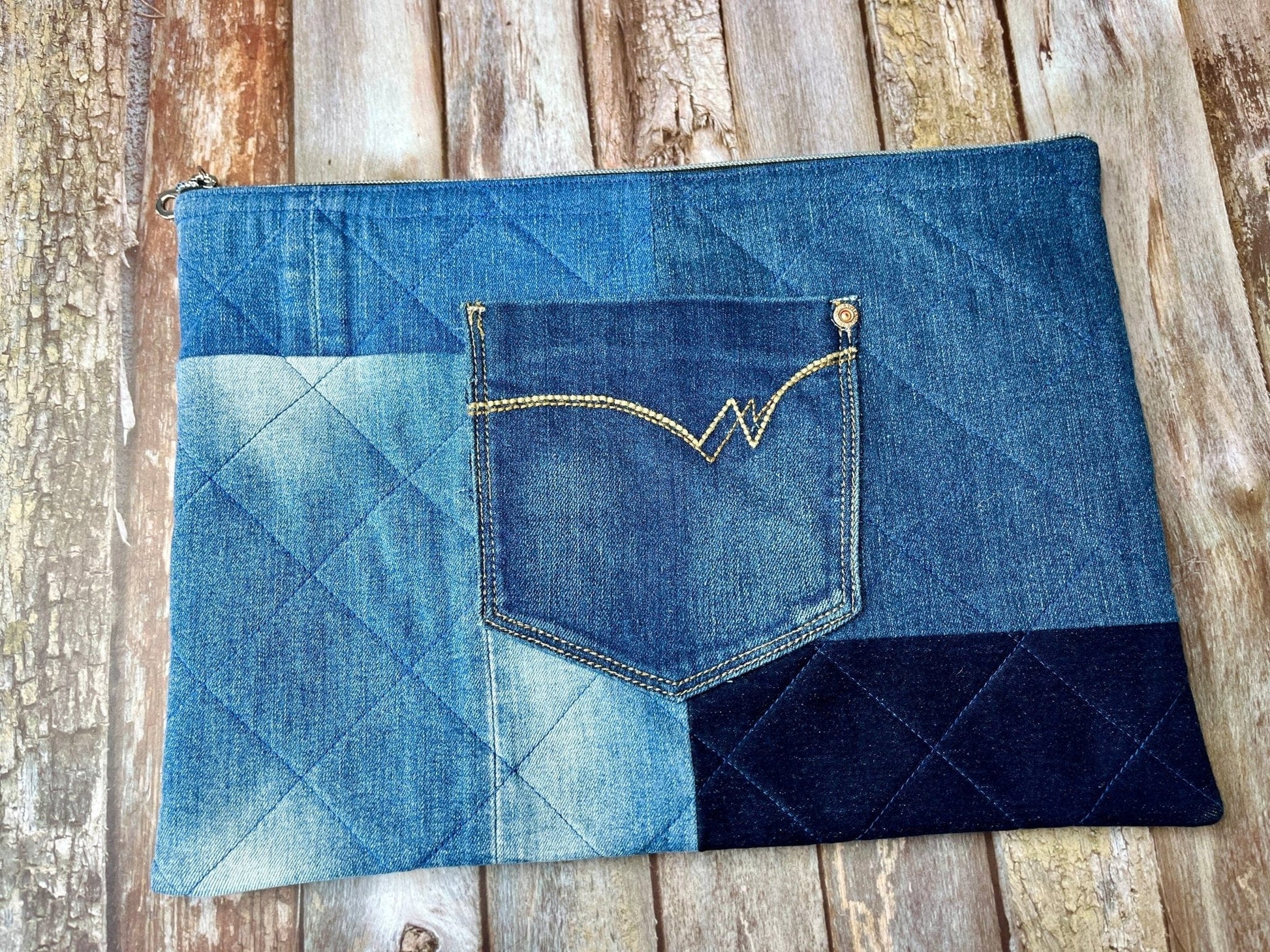 Book Bag - No UC02 Reclaimed Denim, Quilted Denim Book Zip Pouch,