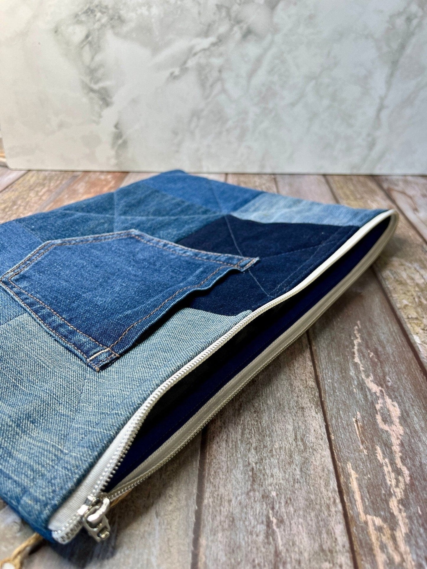 Book Bag - No UC05 Reclaimed Denim, Quilted Denim Book Zip Pouch,