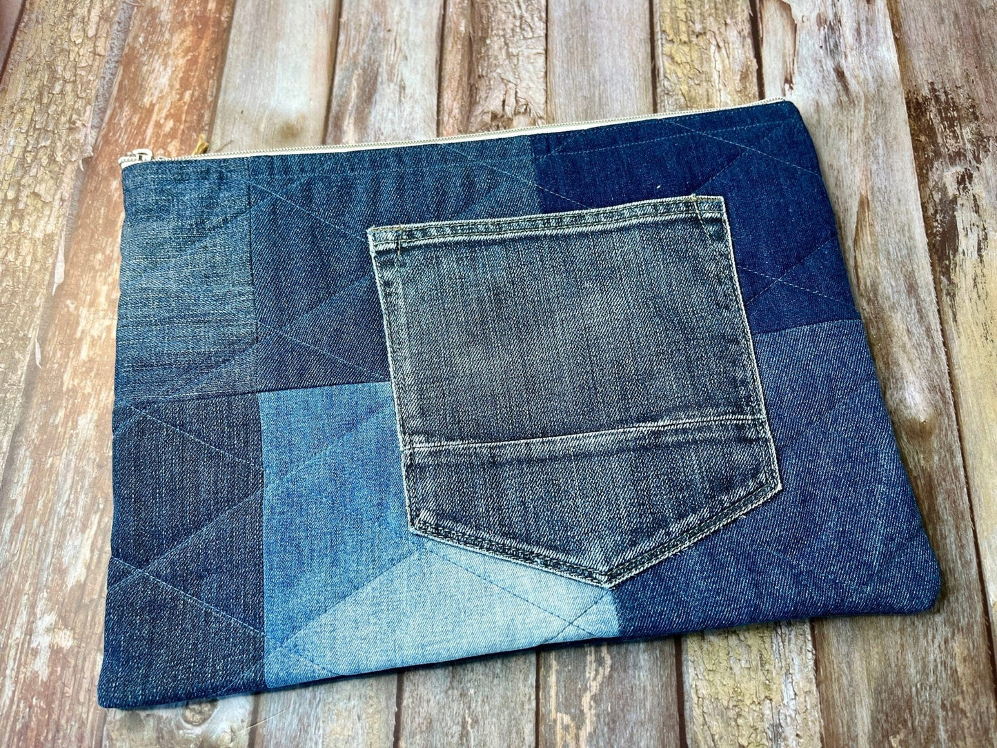 Book Bag - No UC06 Reclaimed Denim, Quilted Denim Book Zip Pouch,