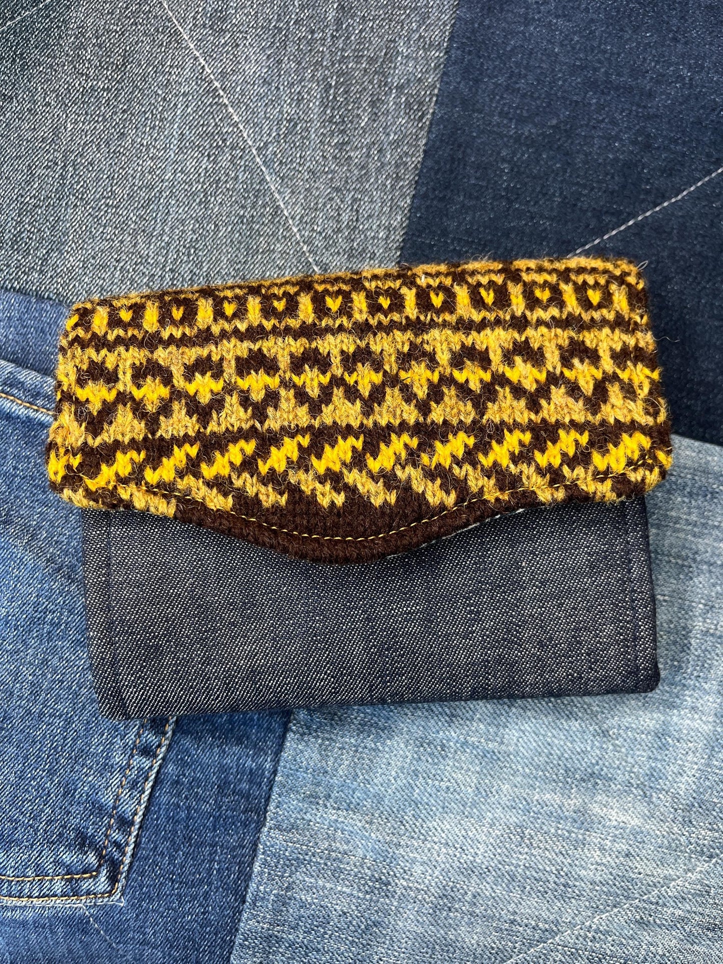 Brown Mustard Shetland Wool and Denim Fair Isle Purse - Uphouse Crafts