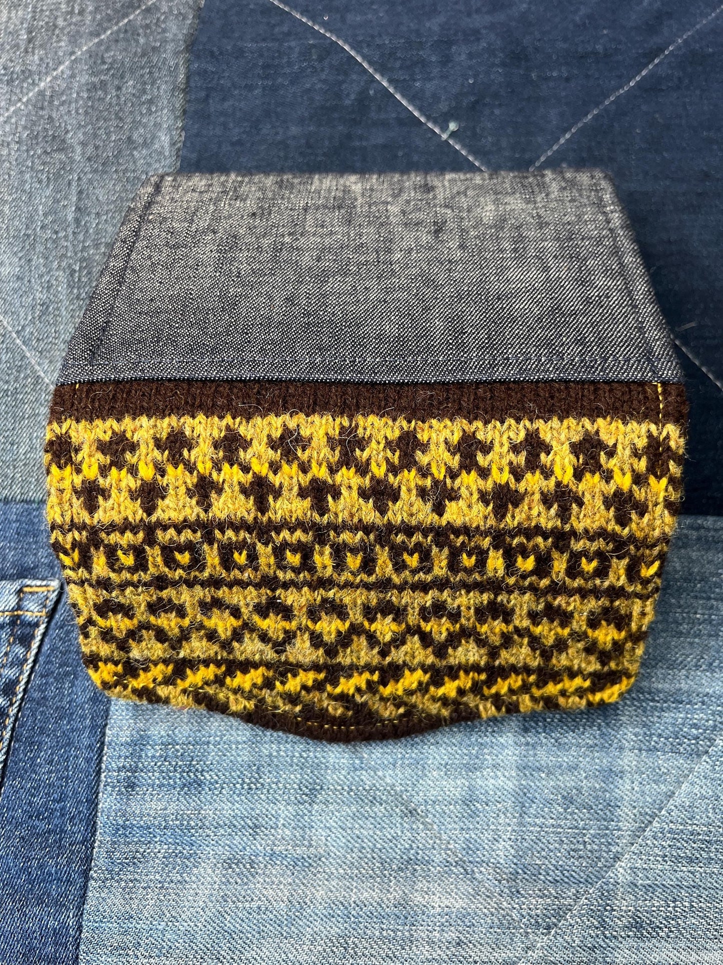 Brown Mustard Shetland Wool and Denim Fair Isle Purse - Uphouse Crafts