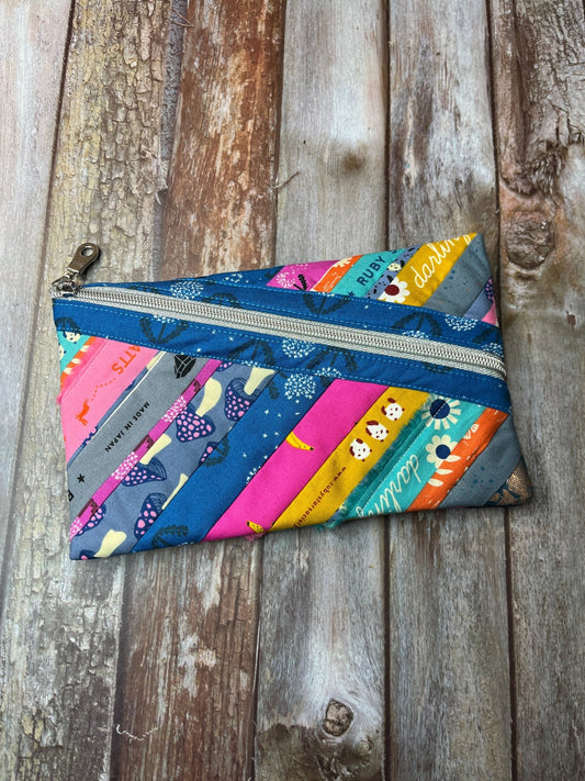 Diagonal Zip Pouch - Patchwork & Silver Zip - Uphouse Crafts