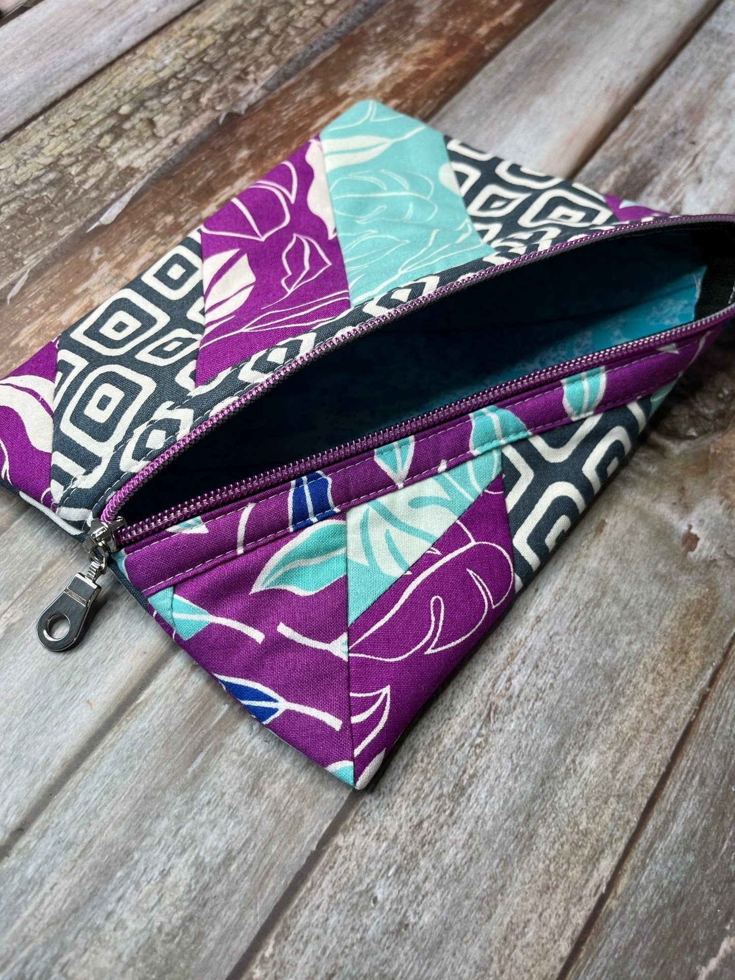 Diagonal Zip Pouch - Purple, Aqua, Grey & White