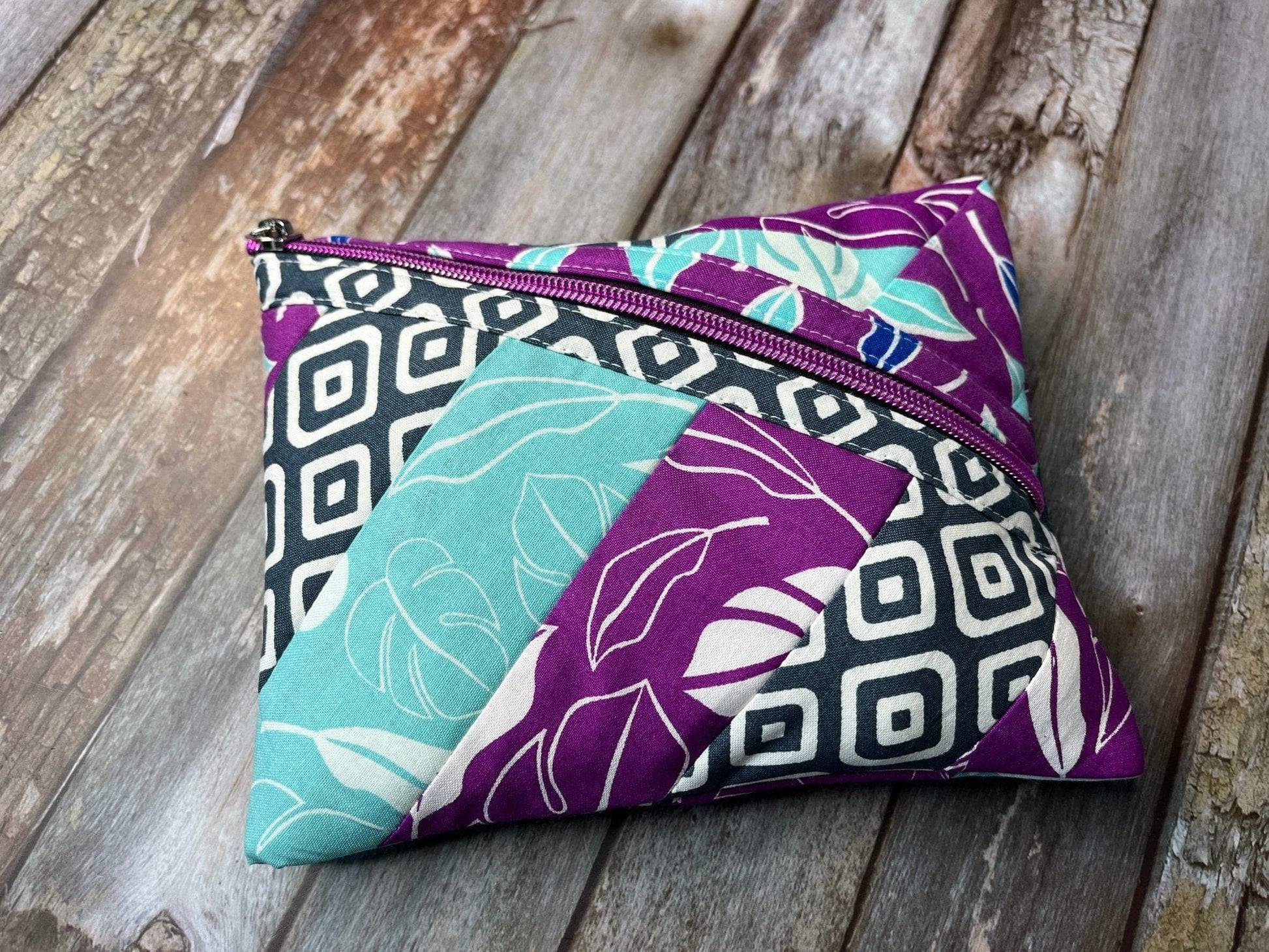 Diagonal Zip Pouch - Purple, Aqua, Grey & White