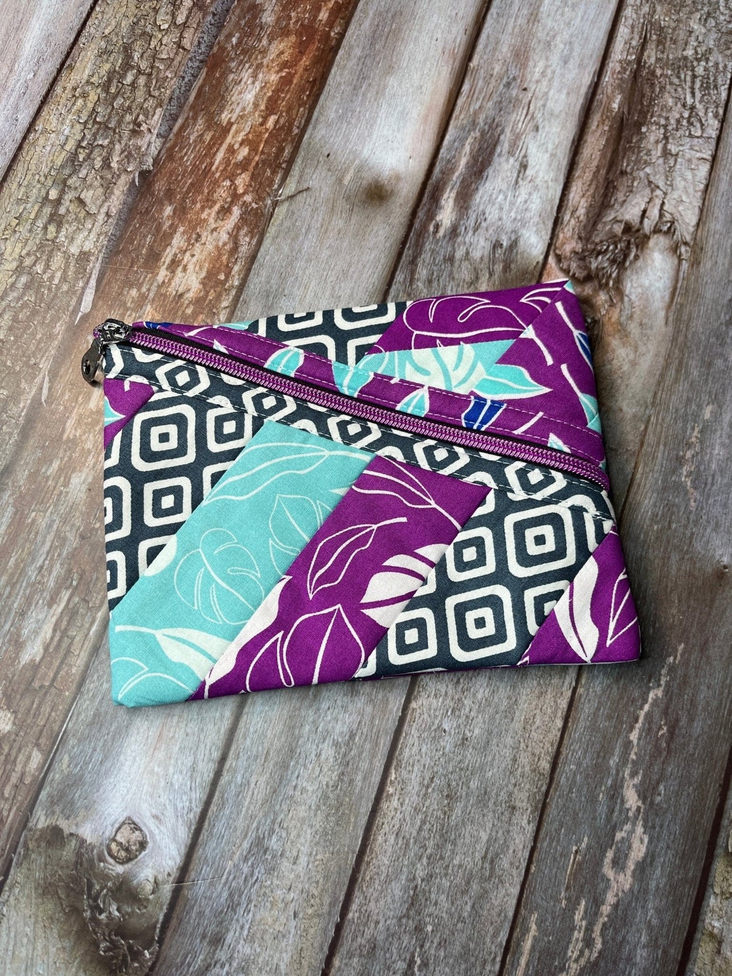 Diagonal Zip Pouch - Purple, Aqua, Grey & White