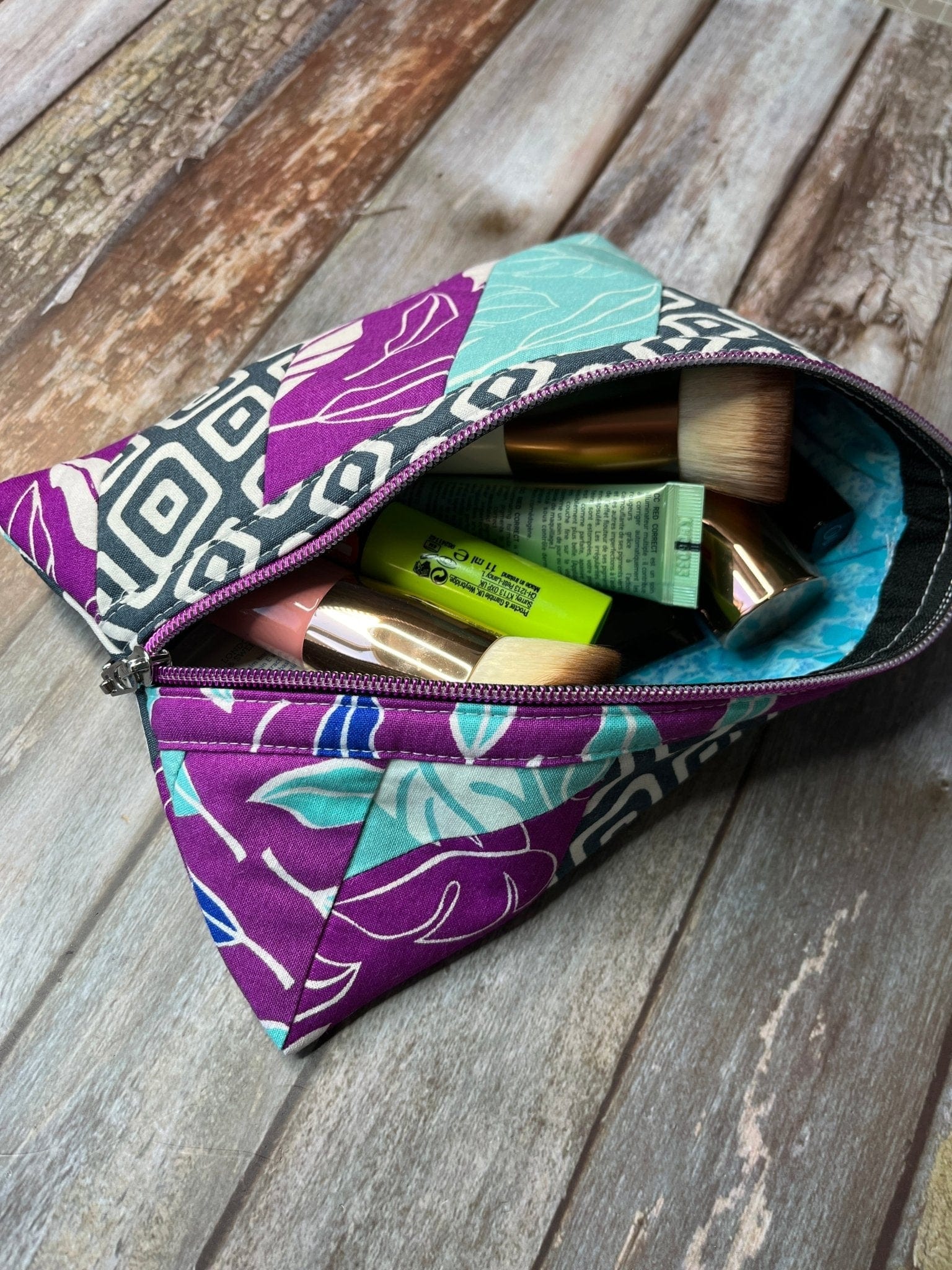 Diagonal Zip Pouch - Purple, Aqua, Grey & White