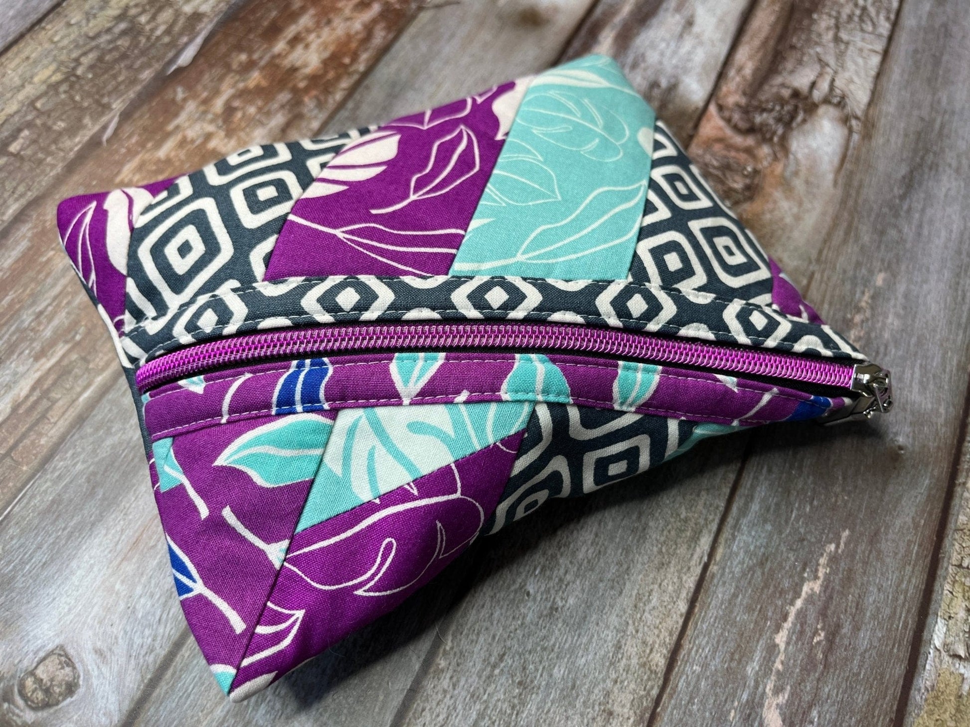 Diagonal Zip Pouch - Purple, Aqua, Grey & White