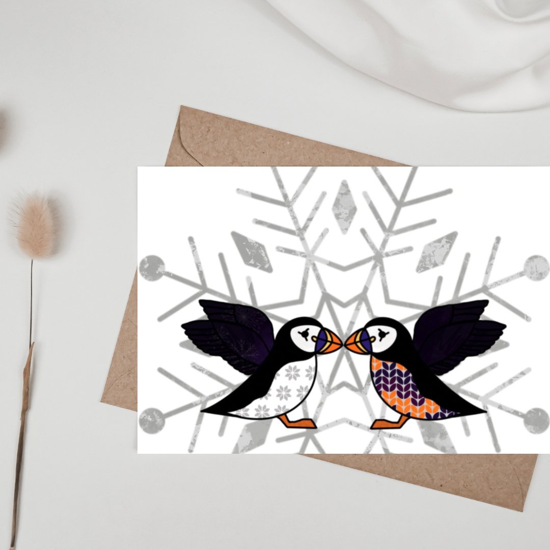 Fair Isle Puffin card, blank puffin card, Kissing Puffin Christmas Card, A6 - Uphouse Crafts