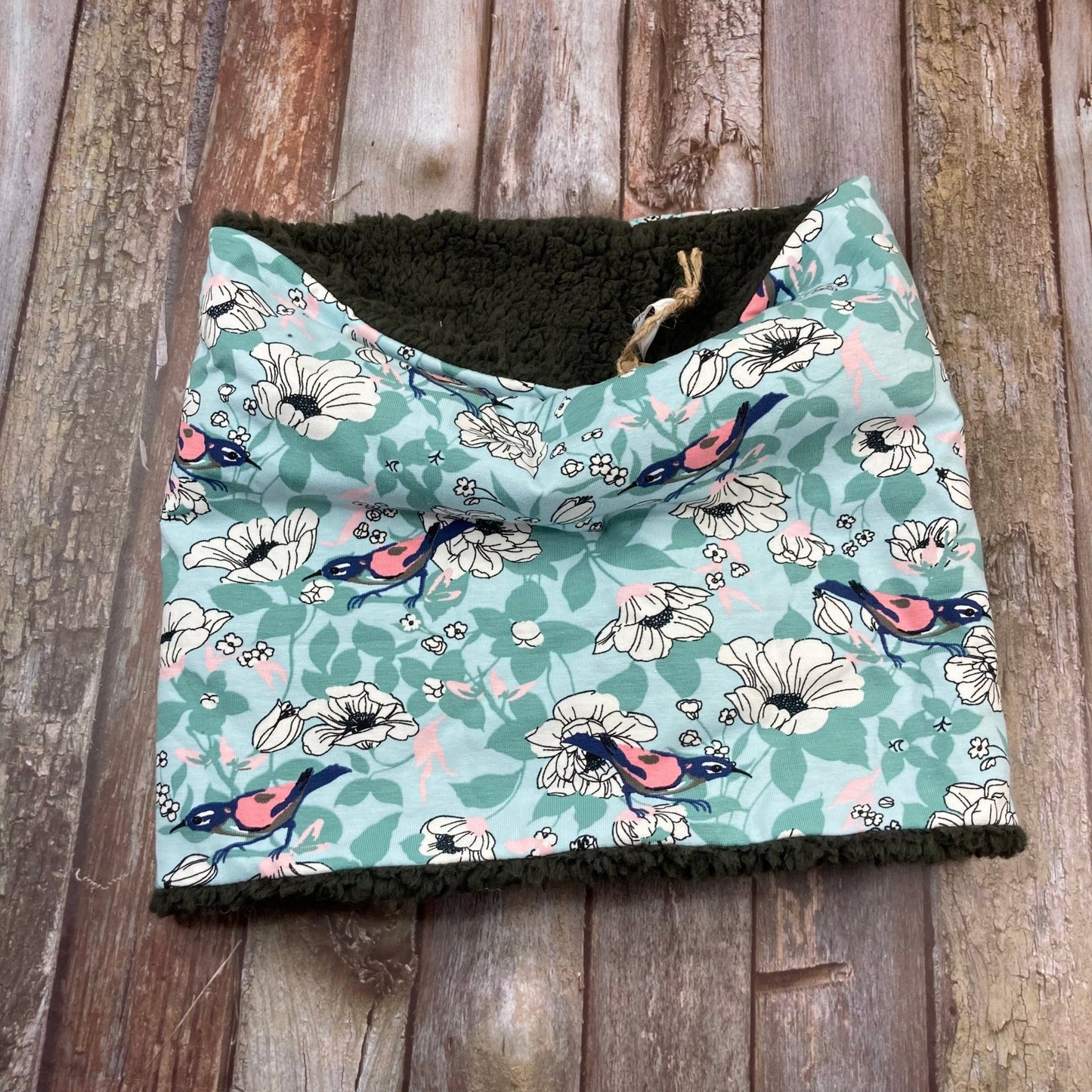 Fleece lined Snood Neck Warmer - Mint Floral Bird - Uphouse Crafts