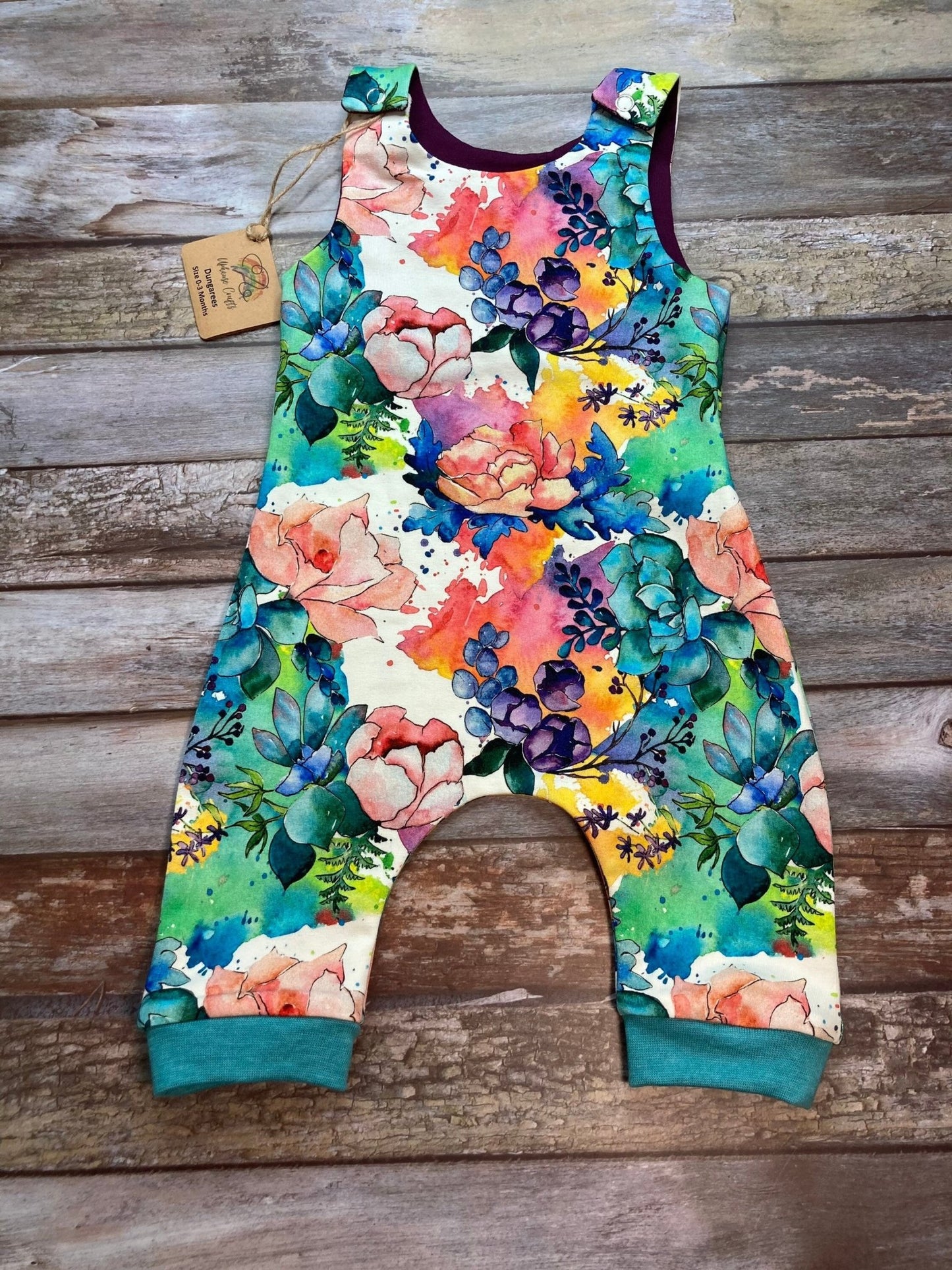 Floral Baby dungarees, Pink Blue Aqua Baby Dungarees Romper 0 - 3 months - Uphouse Crafts