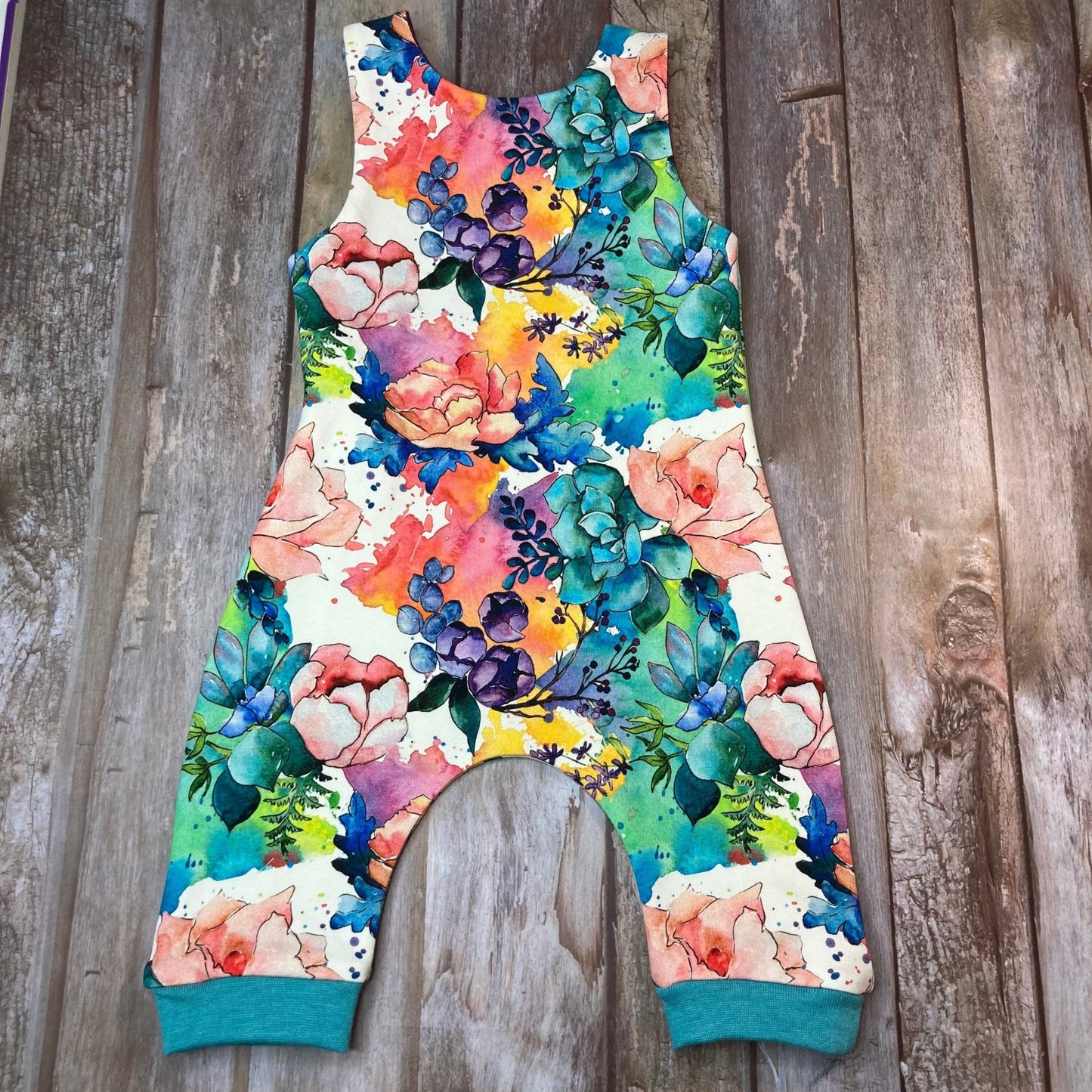Floral Baby dungarees, Pink Blue Aqua Baby Dungarees Romper 0 - 3 months - Uphouse Crafts