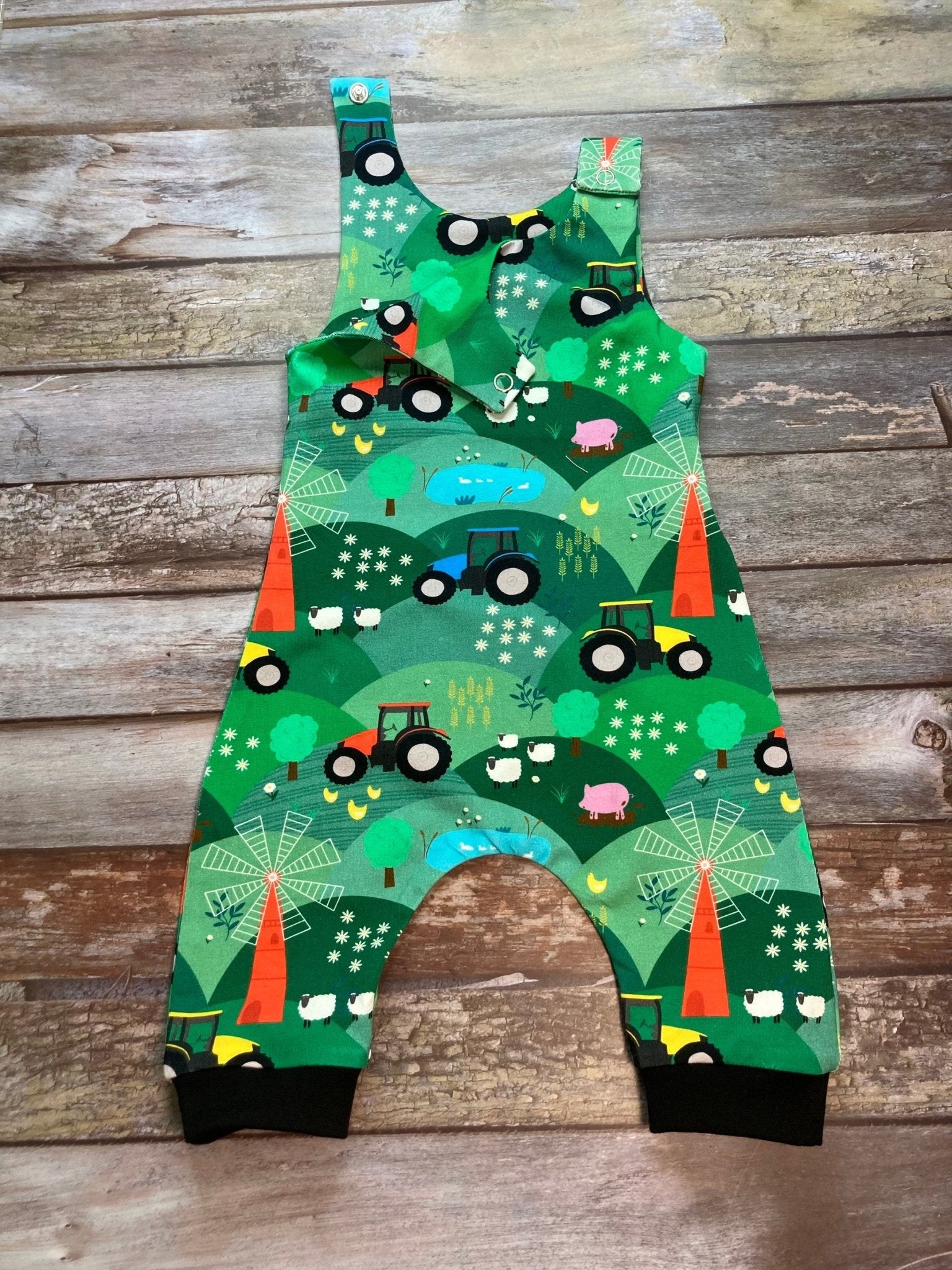 Green Tractor Farm Baby Dungarees Romper 0 - 3 months - Uphouse Crafts