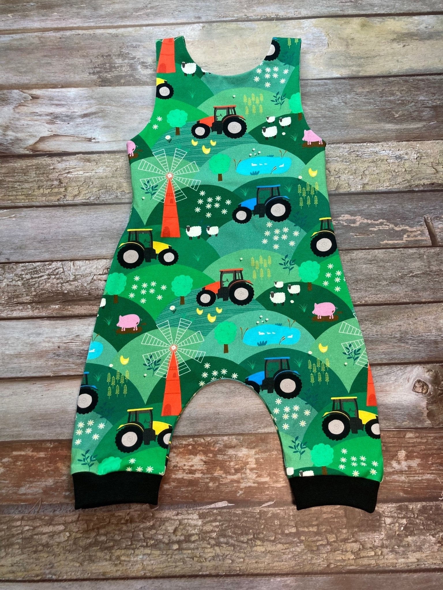 Green Tractor Farm Baby Dungarees Romper 0 - 3 months - Uphouse Crafts