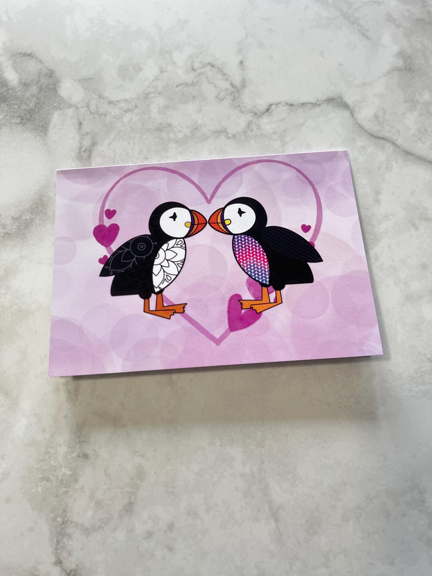 Greetings Card | Pink Heart Fair Isle Puffin